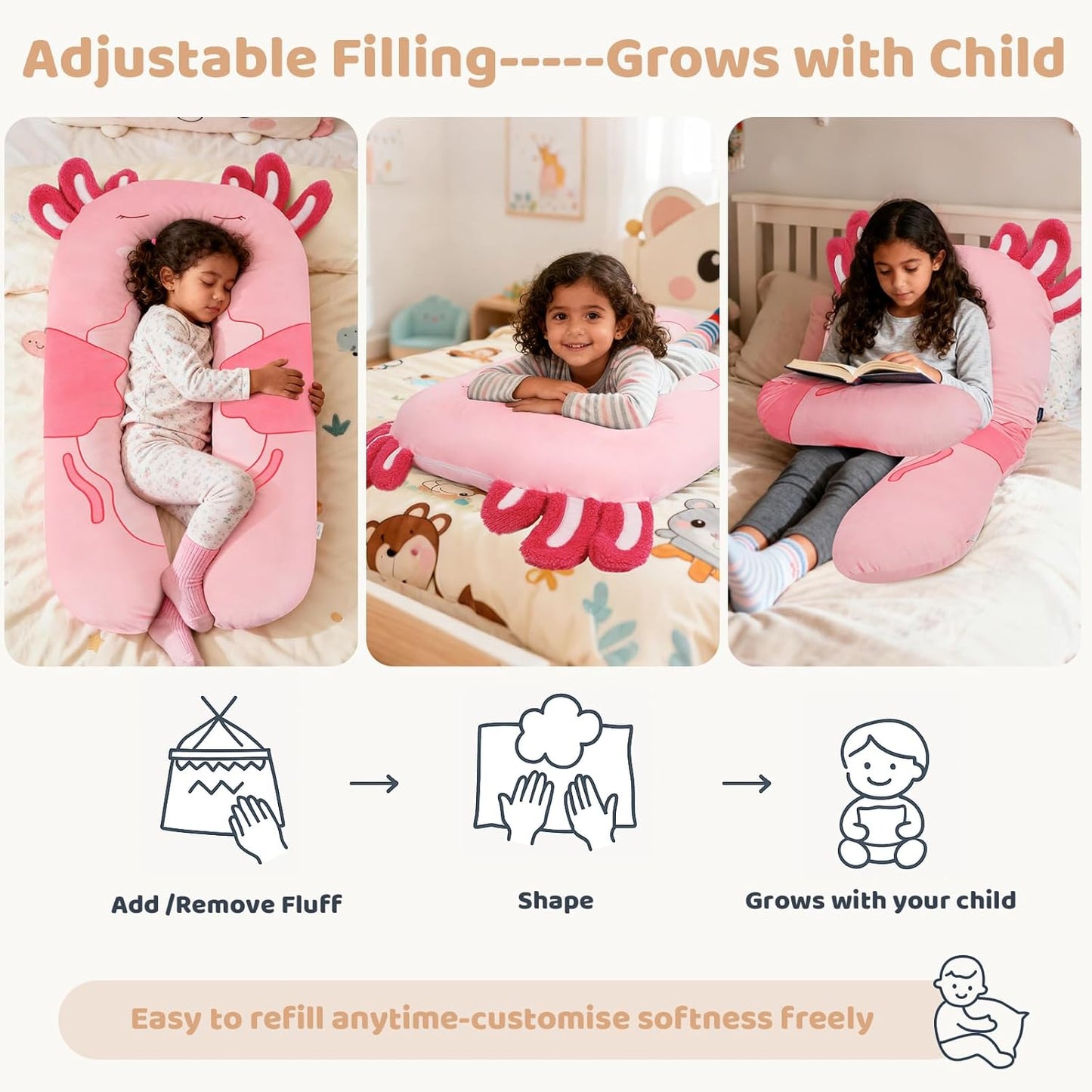 IFOYO Axolotl U-Shape Kids Body Pillow, 43" Minky Kids Full Body Pillow for Sleeping, Reading, ADHD & Sensory Relief, Kid Animal Cuddle Pillows Washable Cover Snuggle Fun Hug Gift for Boys & Girls