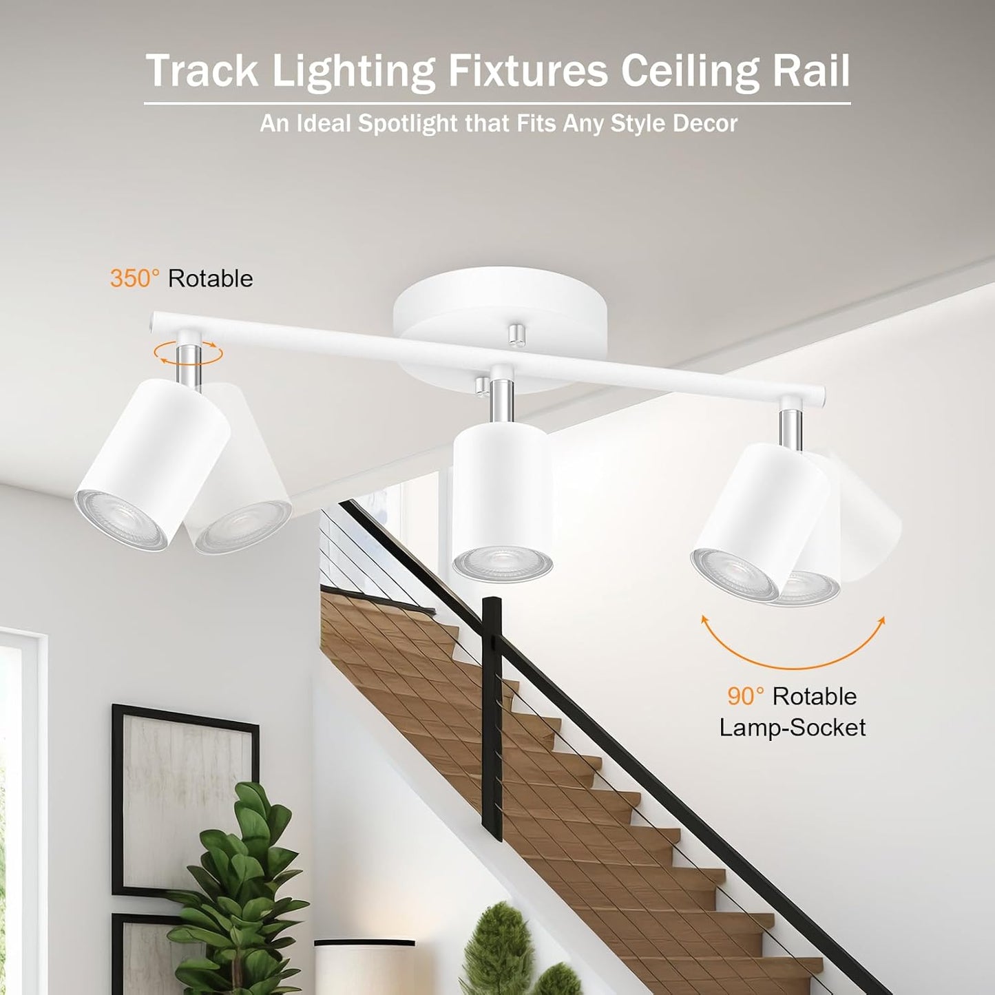 White Track Lighting, 3 Light Track Lighting Kit, White 3 Way Modern Ceiling Spotlight, Flexibly Rotatable Light Head, Industrial LED Track Light Kit for Kitchen Cabinet Gallery Bar Living Room