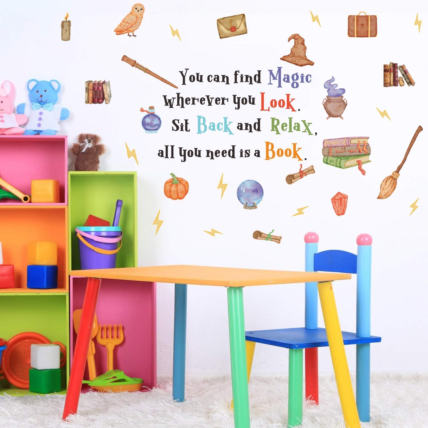 Magic Reading Book Wall Decal, You Can Find Magic Education Inspirational Quote Vinyl Wall Stickers, Removable Watercolor Reading Artwork for Kindergarten Classroom Llibrary Playroom Decor