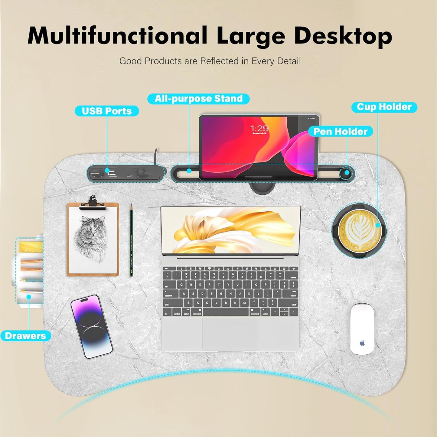 Lap Desk for Bed Adjustable Height, Foldable Bed Table with Storage Drawer, Tablet Slot & Cup Holder, Portable Laptop Stand for Bed & Sofa, Bed Desk for Adults & Kids, Light Stone Color