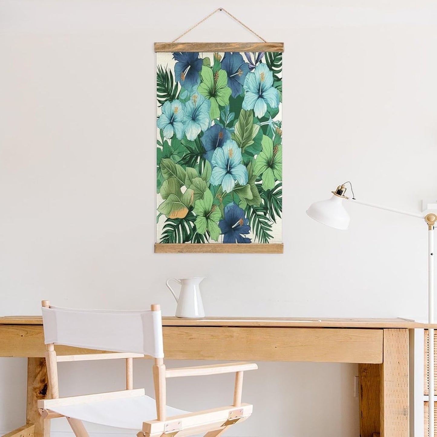 Vintage Green And Blue Hibiscus Flowers Poster with Wooden Frame Personalized Linen Hanging Scroll Painting Rustic Wall Hanging Illustrative Modern Artwork Decor for Home Living Room Bedroom Office