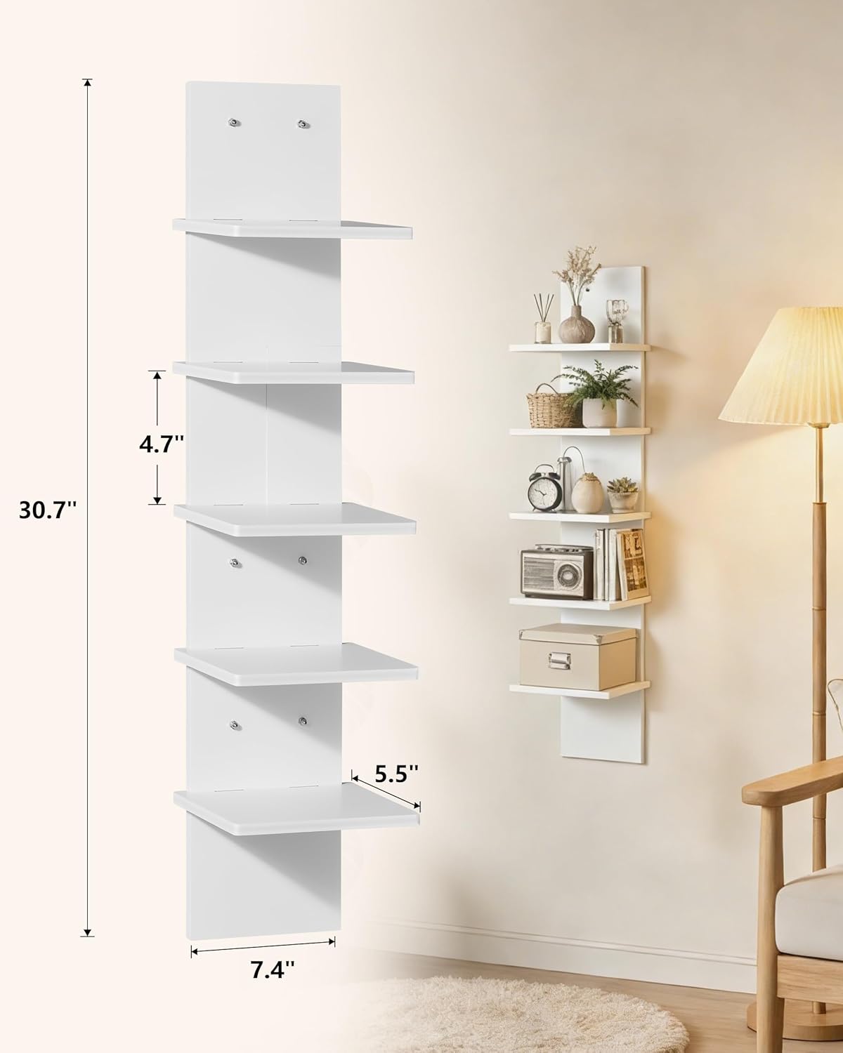 Ladder Shelf, 5-Tier Wall Mounted Bookshelf, Modern Simple Storage Rack,Easy to Install, for Living Room, Bedroom & Study, White