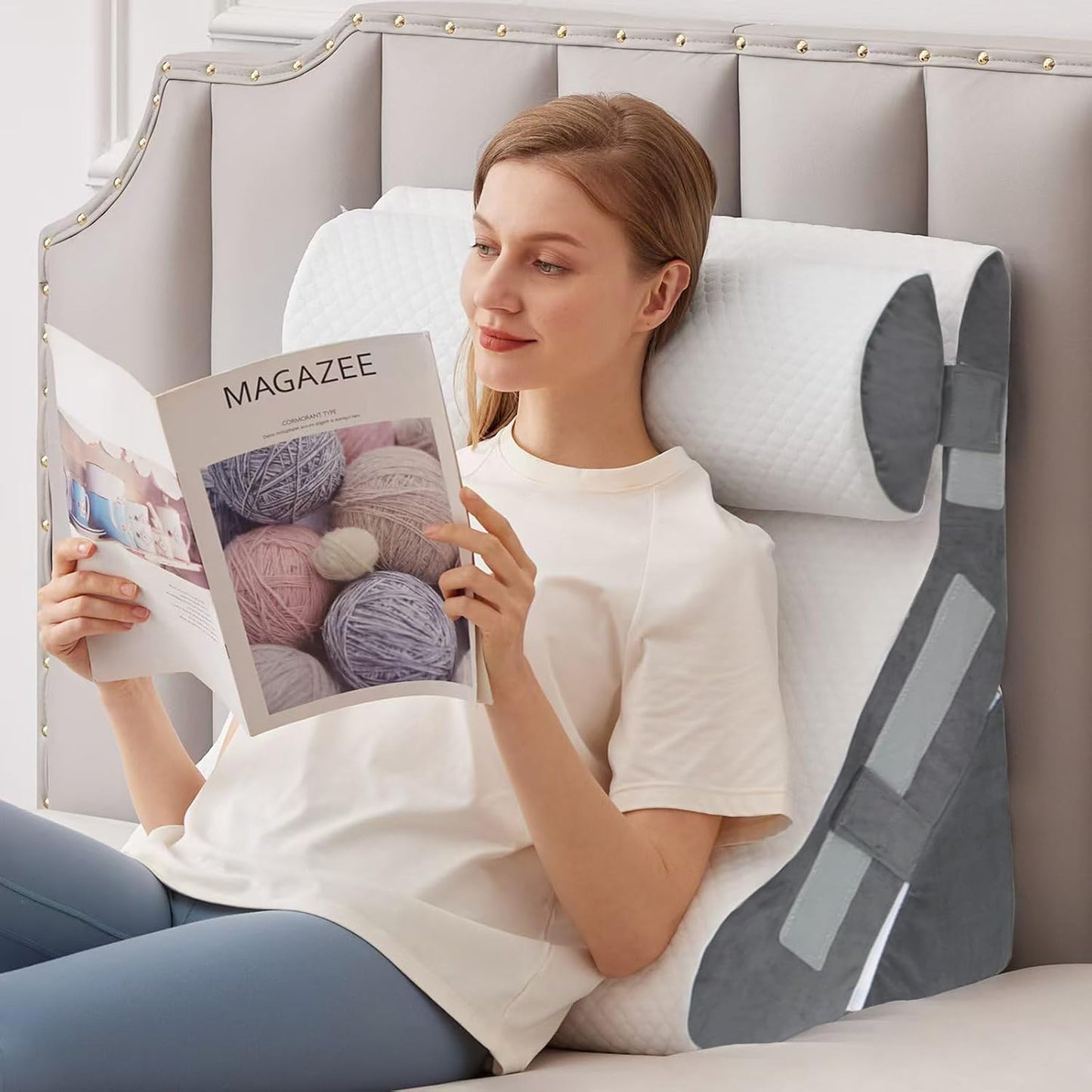 3PCS Bed Wedge Pillow for Headboard, Adjustable Wedge Pillow for Sleep Apnea, 23” Wide Triangle Pillow Wedge Set for After Surgery, Acid Reflux Relief, Snoring, Neck&Back Support, White/Grey
