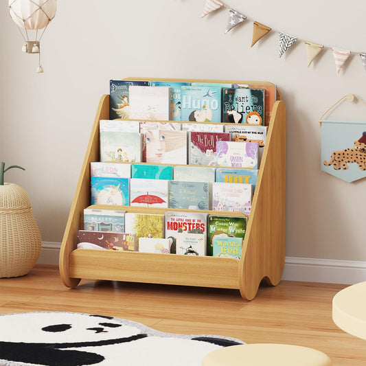 Lkeiyay Montessori Kids Bookshelf, Wooden 4-Tier Front Facing Book Organizer for Nursery Classroom Kids Room