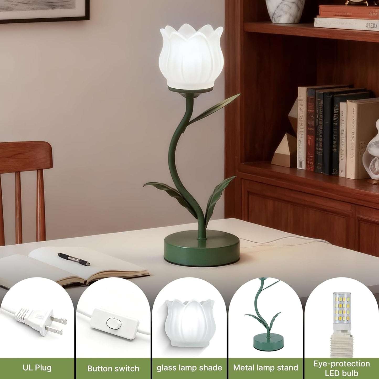 Flower-shaped table lamp, LED eye-protecting reading bedside retro night light, 3 color modes of cute bedside lamp decoration, living room and bedroom lighting table lamp home decoration (dark green)