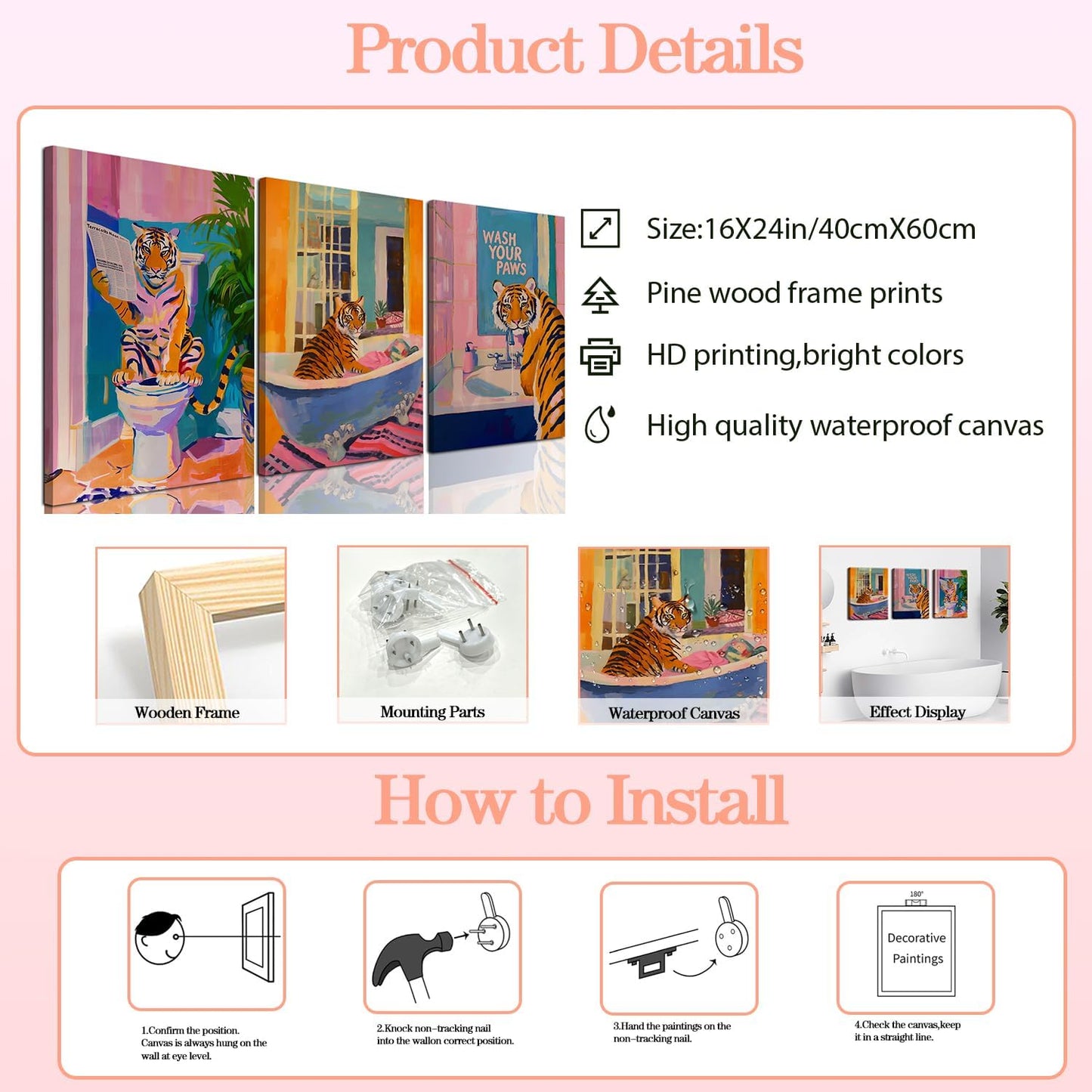 Funny Tiger Bathroom Wall Art Set of 3 Whimsical Tiger in Bathtub Canvas Wall Decor Painting Maximalist Animal Bathroom Poster Print Aesthetic 16x24 inch Framed