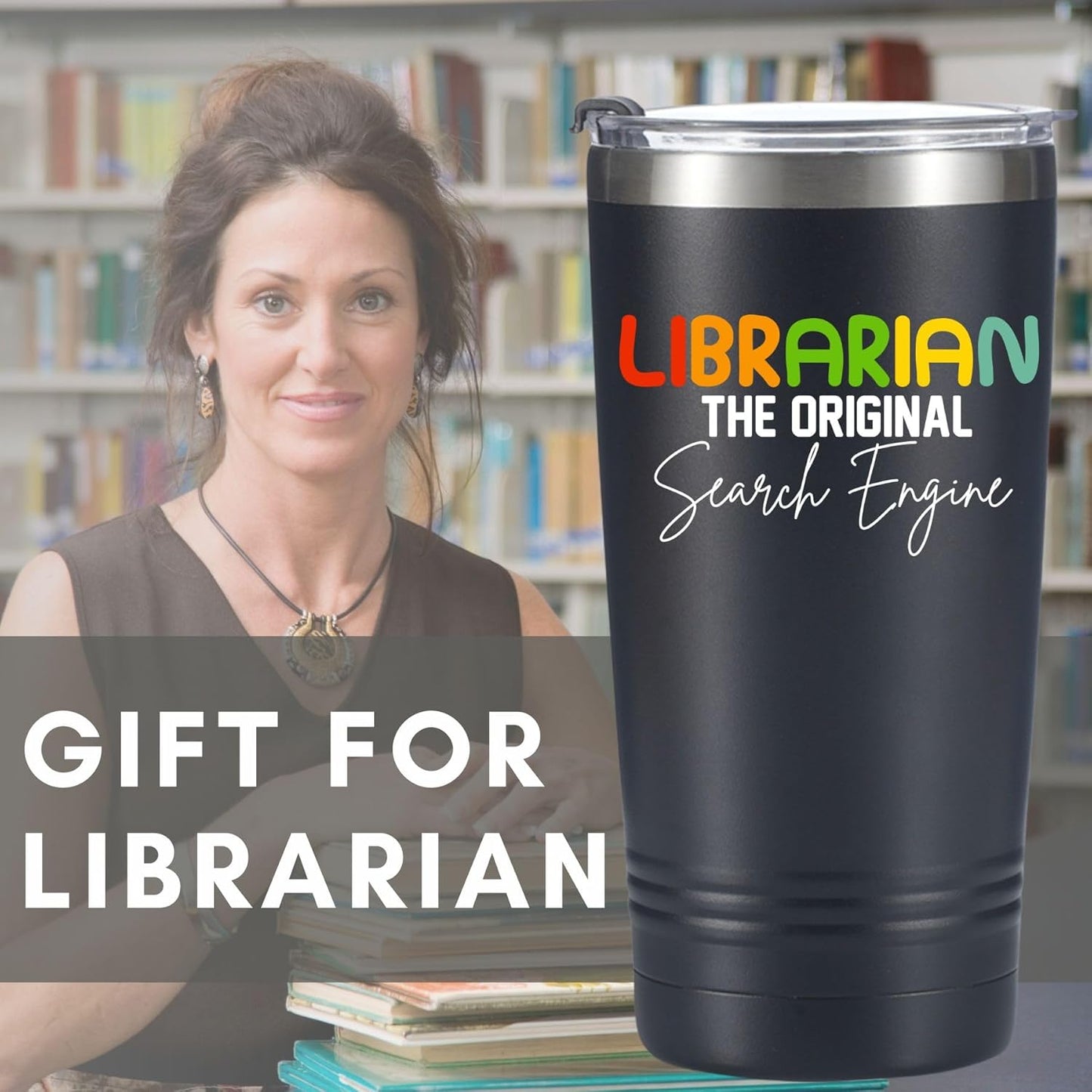 Librarian Gifts for Women, The Original Search Engine, Black 20 oz Insulated Stainless Steel Tumbler