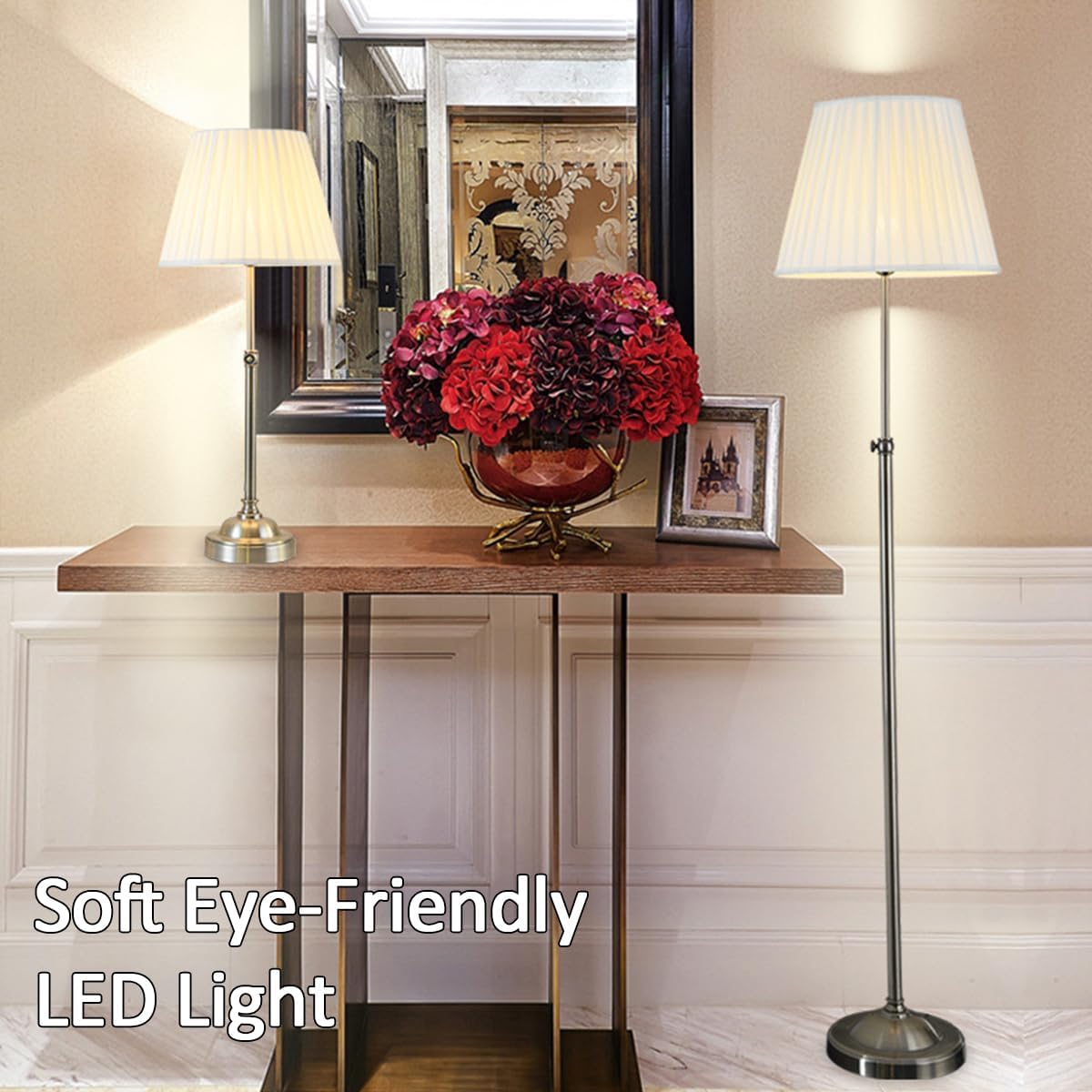 White Fabric Lampshade Floor Lamp Adjustable Height Floor Lamps Classic Retro Tall Pole Lamp Eye Protection Standing Reading Lamp Silver Rust-Proof Iron Tall Light for Living Room Bedroom