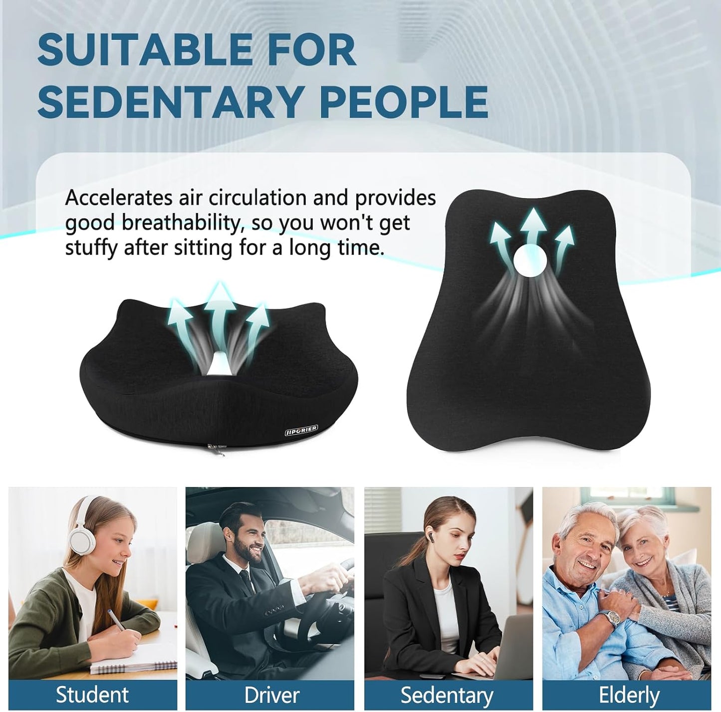 Seat Cushion & Lumbar Support Pillow Set for Office Chair, Ergonomic Pillow for Sciatica Pain Relief, Memory Foam Back Support Pillow & Chair Cushion for Car seat, Desk Chair (Black)