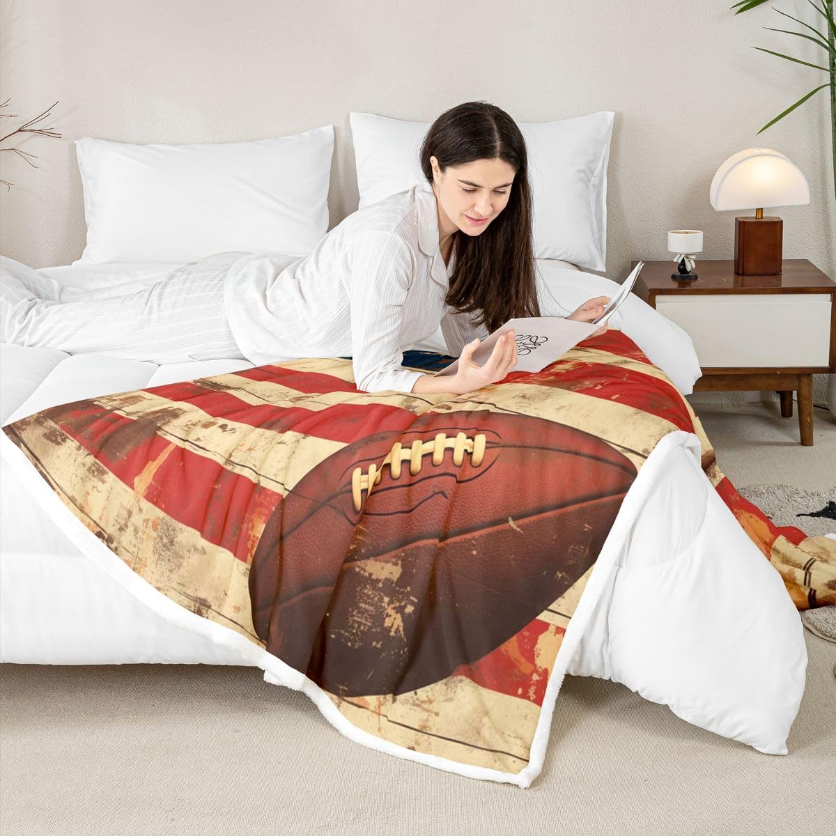 Feelyou Football Throw Blanket American Flag Print Soft Fleece Sherpa Cozy Fuzzy Plush Warm Faded Flag Texture Fuzzy Plush Throw Sports Twin 60"x80" Classic Rugby Design for Bed Couch Living Room