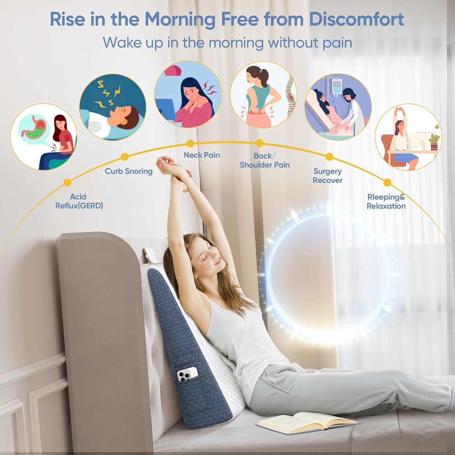 Wedge Pillow for Sleep, 7.5inch Bed Wedge Pillow for Headboard, Acid Reflux, Heartburn, GERD, Neck Pain, Cooling Memory Foam Top, Removable Washable Cover Wedge Pillow for Improved Sleep