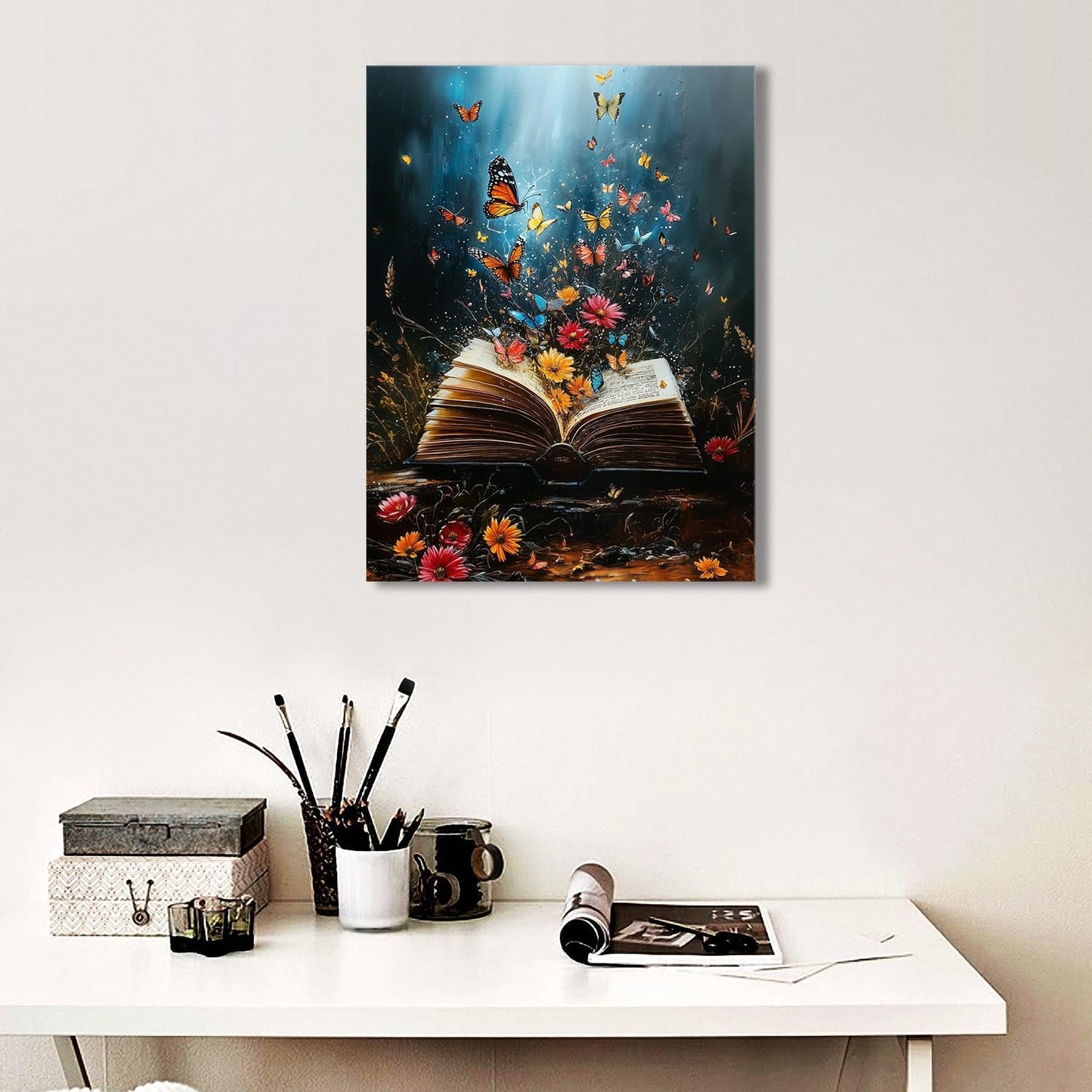 Ypxzzj Magical Book Canvas Wall Art Fantasy Butterfly and Flower Book Prints Home Decor Retro Butterflies Poster Pictrues Artwork for Reading Room Living Room Bedroom Ready to Hang(12''x16'')