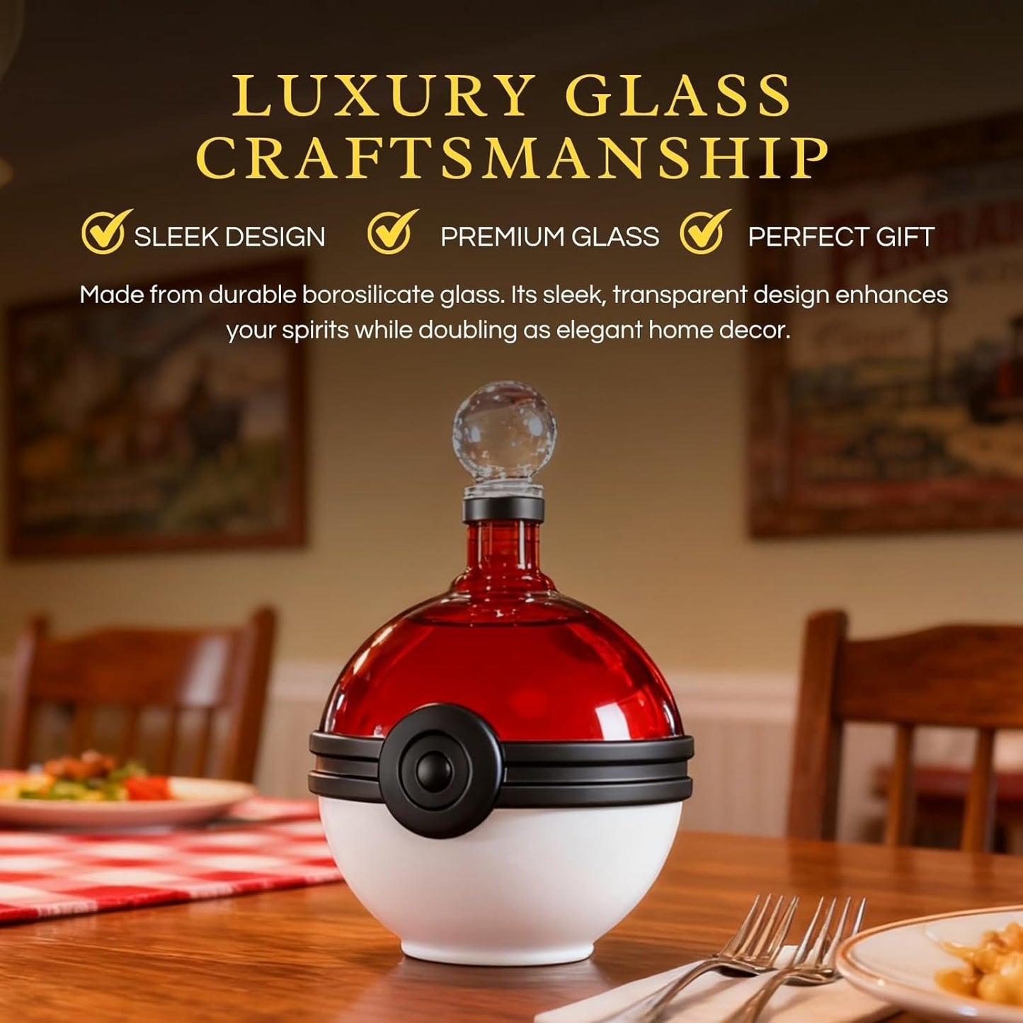 Monster Trainer Capture Sphere Whiskey, Wine Decanter Red White Glass Liquor Bottle 18.6oz Premium Borosilicate Display Piece | Gamer Collectible Barware Gift for Anime Theme Fans & Collectors, Gifts
