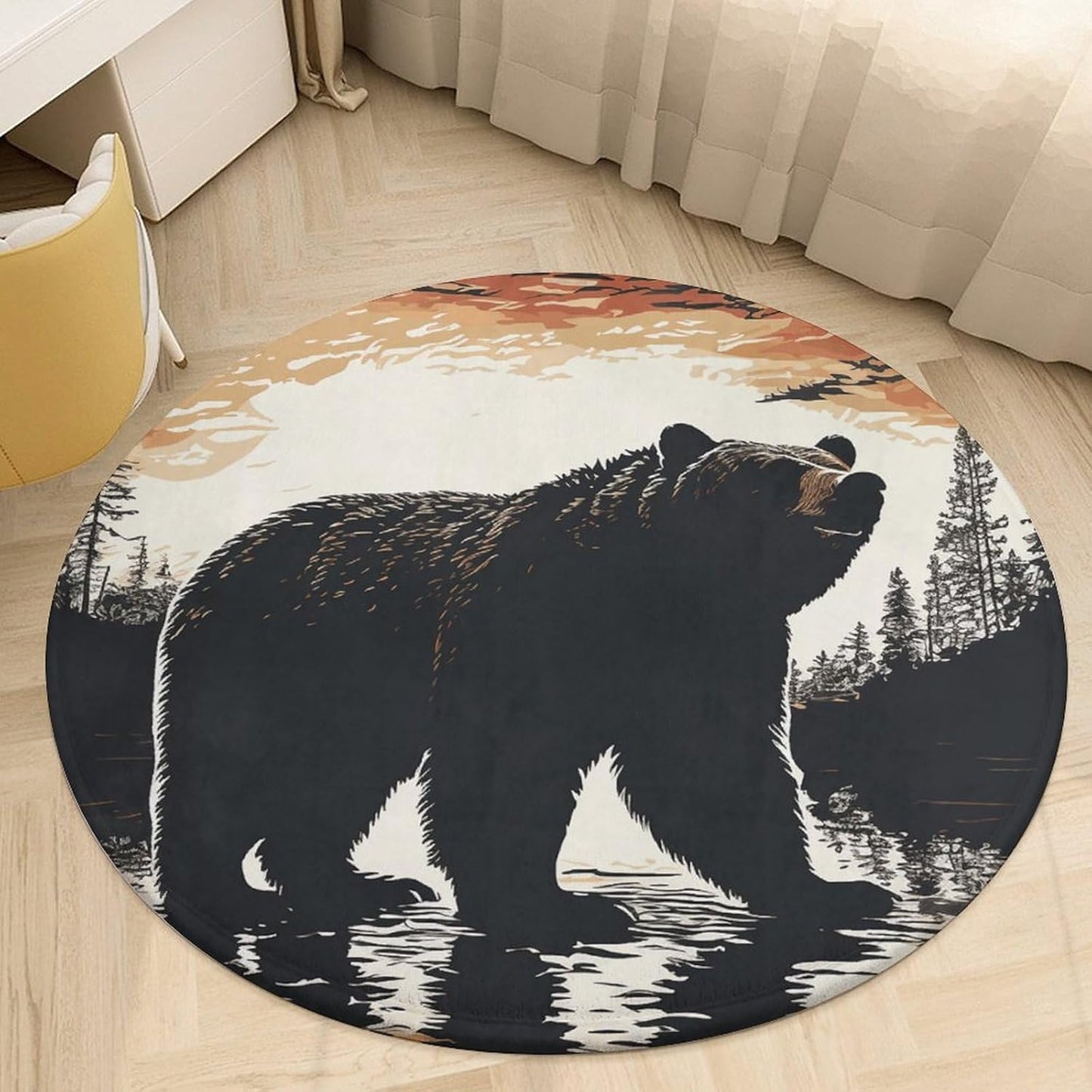 Bear Silhouette Circle Rug Retro Luxury Coral Velvet Floor Mat Non Slip Soft Indoor Floor Carpet Comfy Thickened Area Rugs Modern Aesthetic Minimalist Carpets for Home Decor
