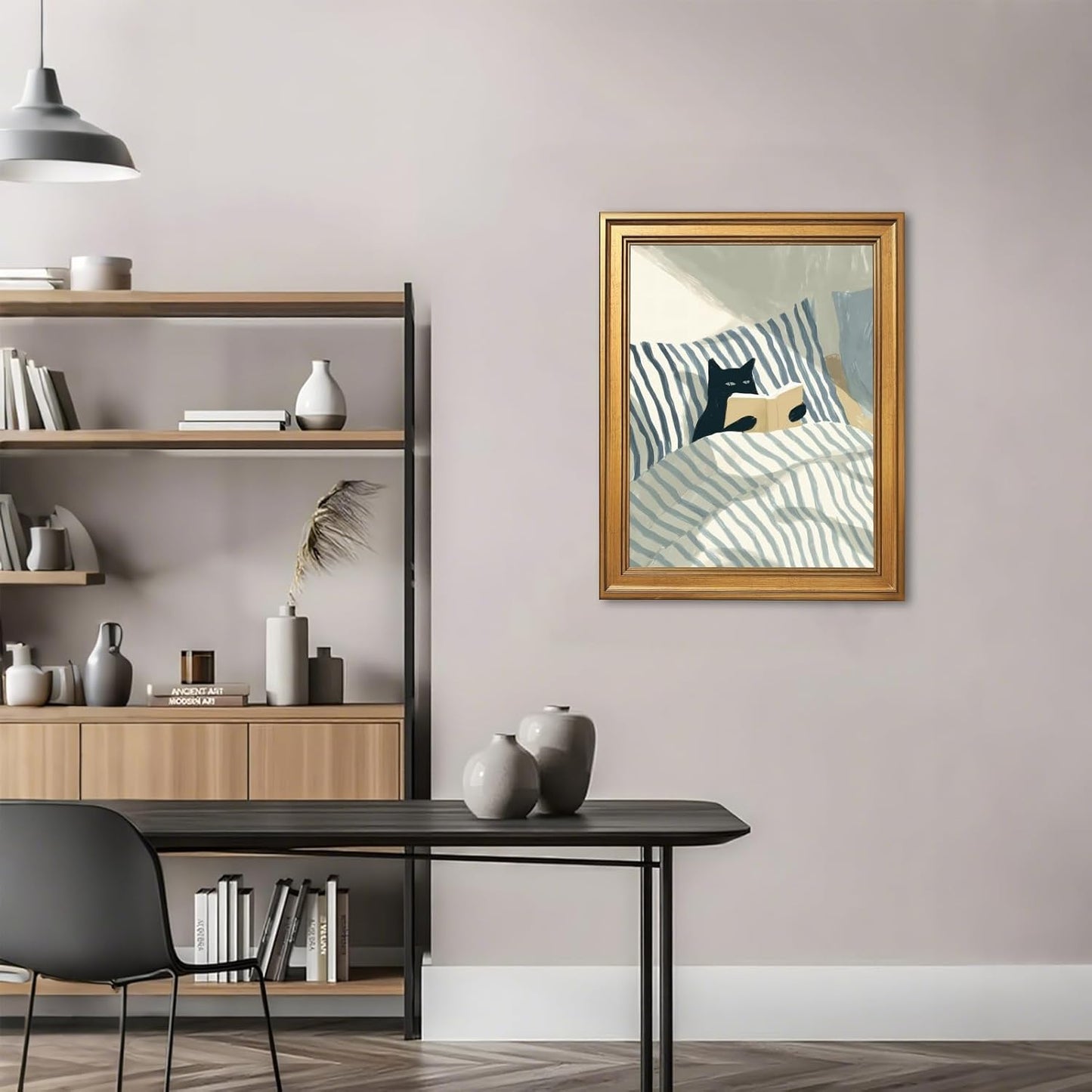 EQUEEN Black Cat Reading Poster Cozy Wall Art Bedroom Wall Decor Book Lover Canvas Print For Bedroom Library Office12x16inch Golden frame