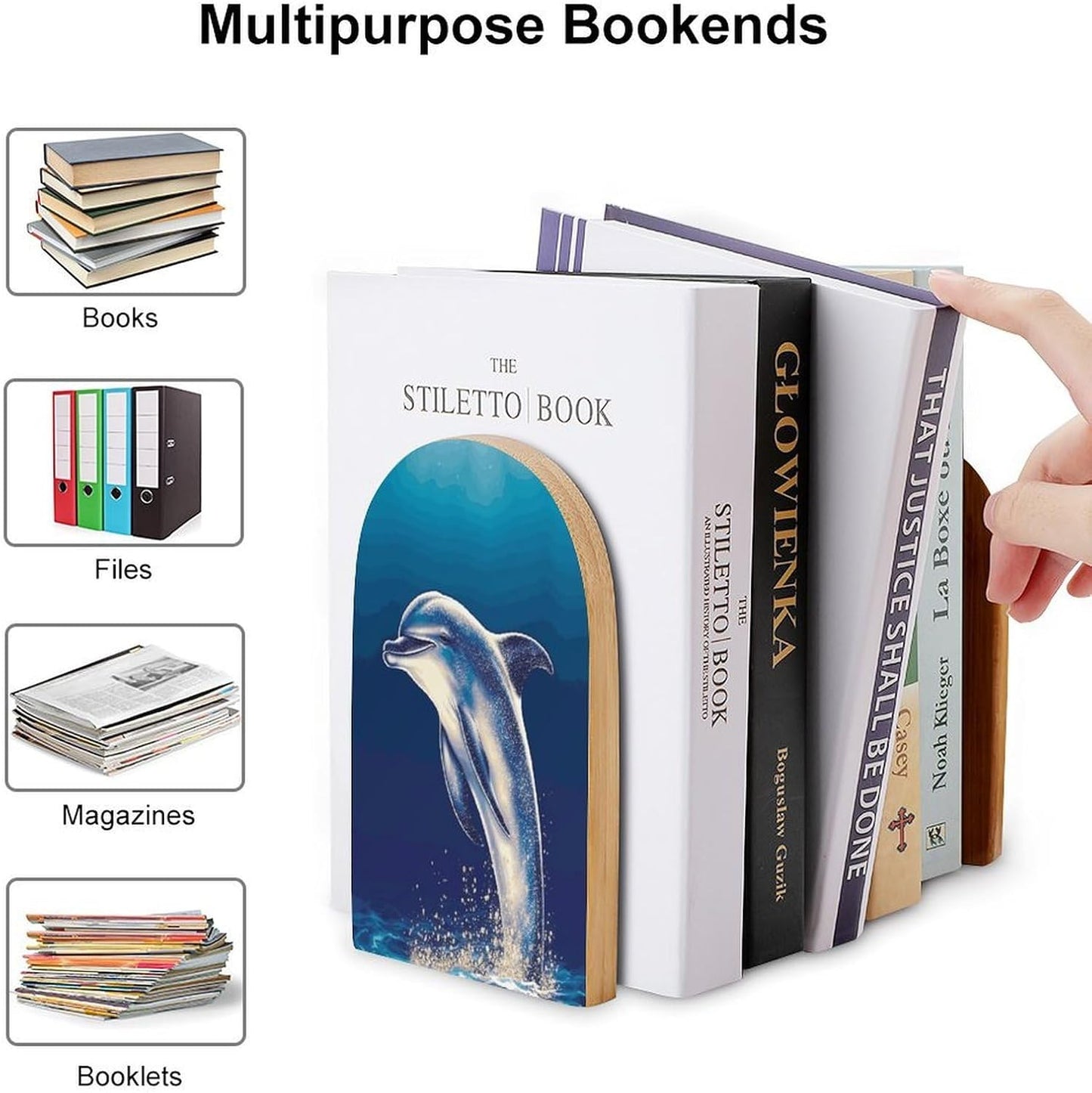 Non-Slip Bookend for Shelves Glitter Dolphin Wooden Bookends with Metal Base Decorative Book Stopper for Home Heavy Duty Wood Book Storage for Books/CDs