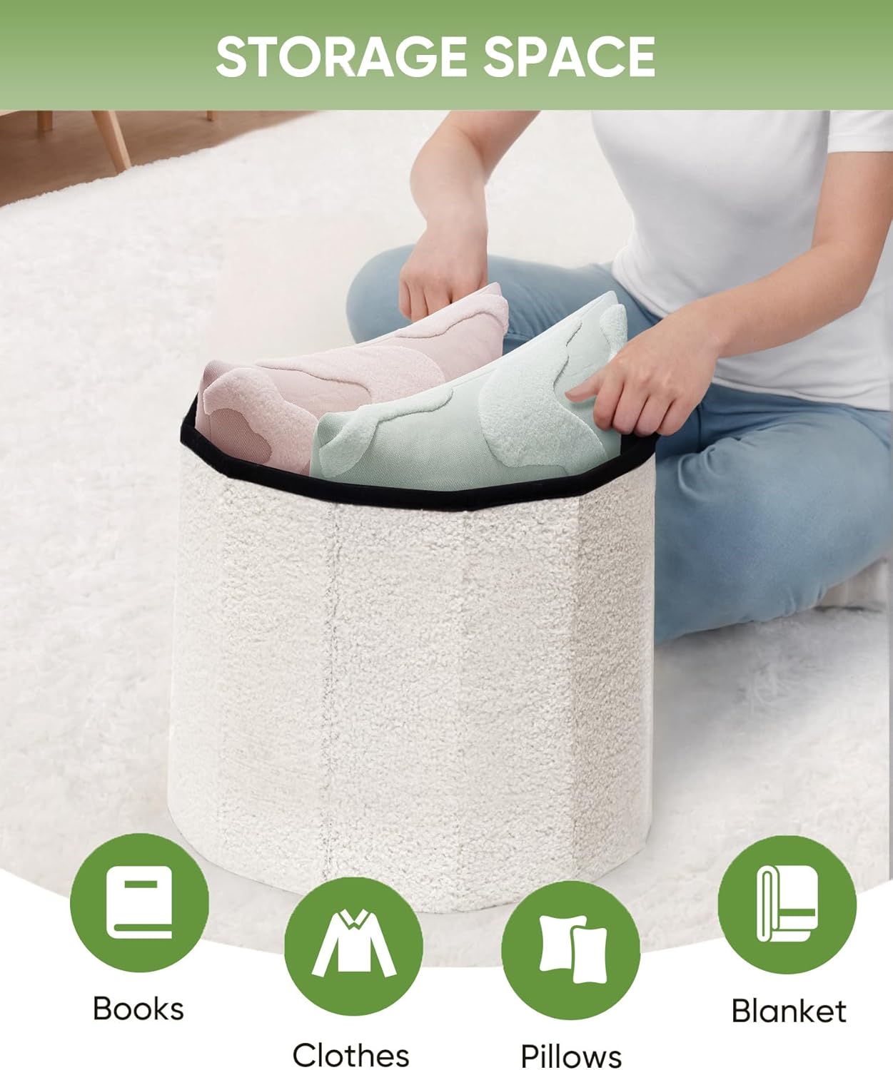 B FSOBEIIALEO Storage Ottoman Cube, Round Ottomans with Storage Foot Stool Footrest for Lving Room, Boucle Ottoman Seat for Dorm Room,Faux Teddy Fur, White 15"x15"x13.19"