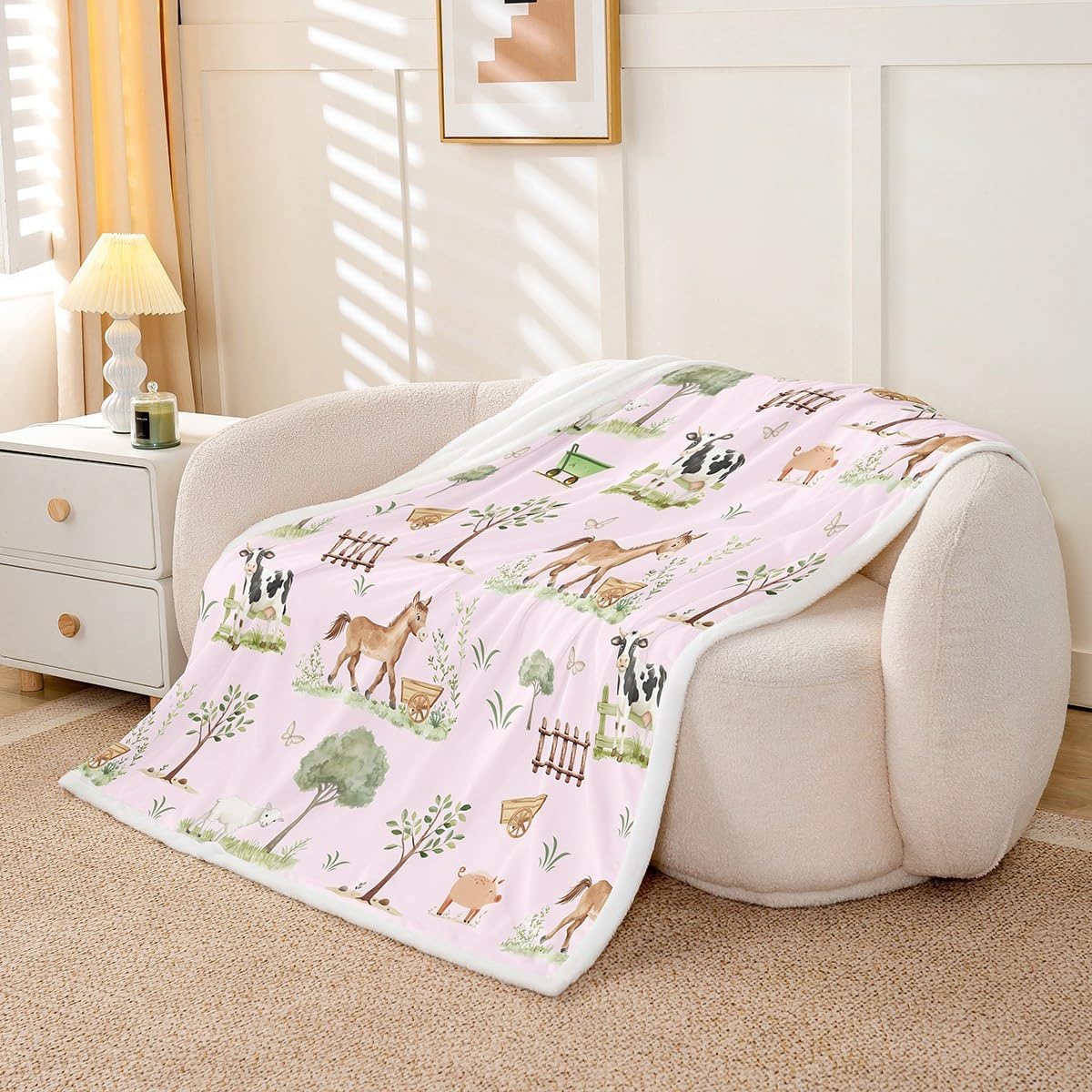 Erosebridal Baby Blankets for Unisex Boys Girls,Farm Animal Nursery Minky Blankets Pink Cartoon Animals Fleece Blanket Rustic Farmhouse Cute Horse Sheep Cow Pig Woodland Trees Fuzzy Plush Throw 40x50
