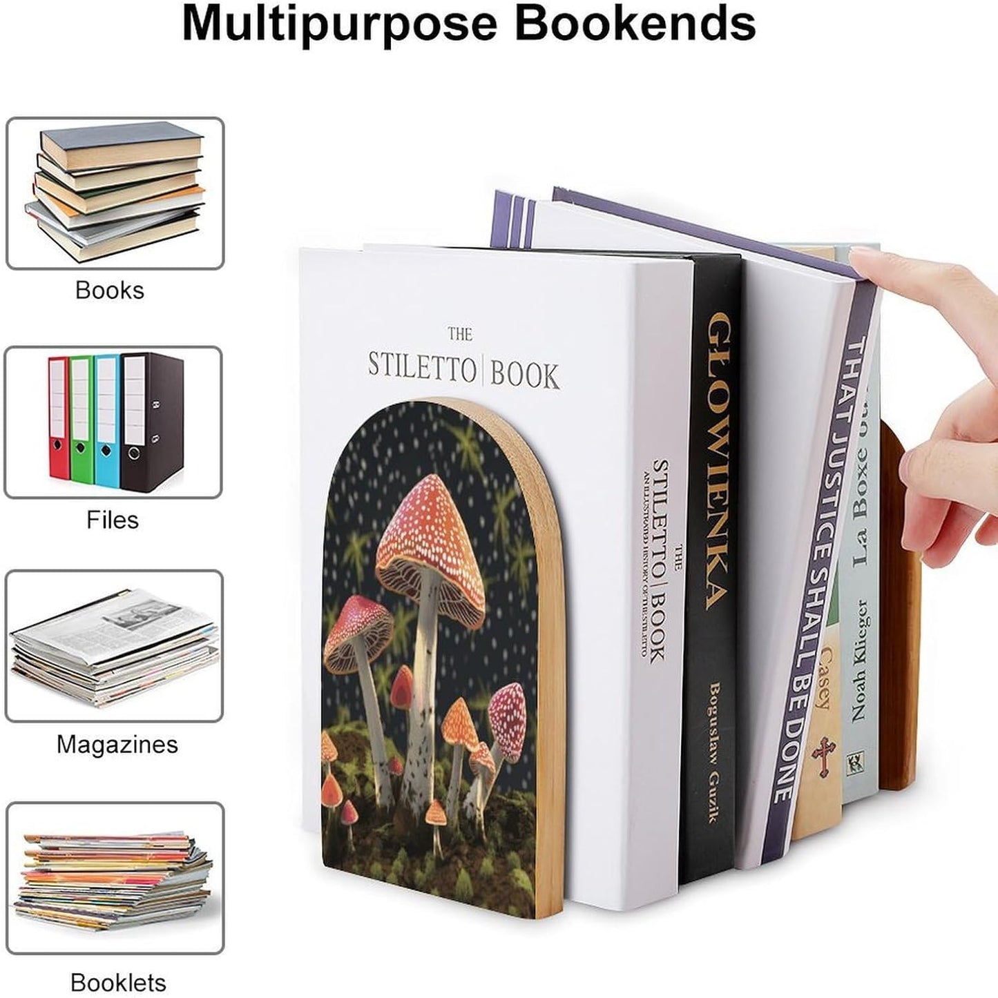 Mushroom Bookend for Shelves Wooden Book End Large Size Sturdy Book Holders Stoppers with Metal Base for Bookshelves Slick Decorative Bookends Stands