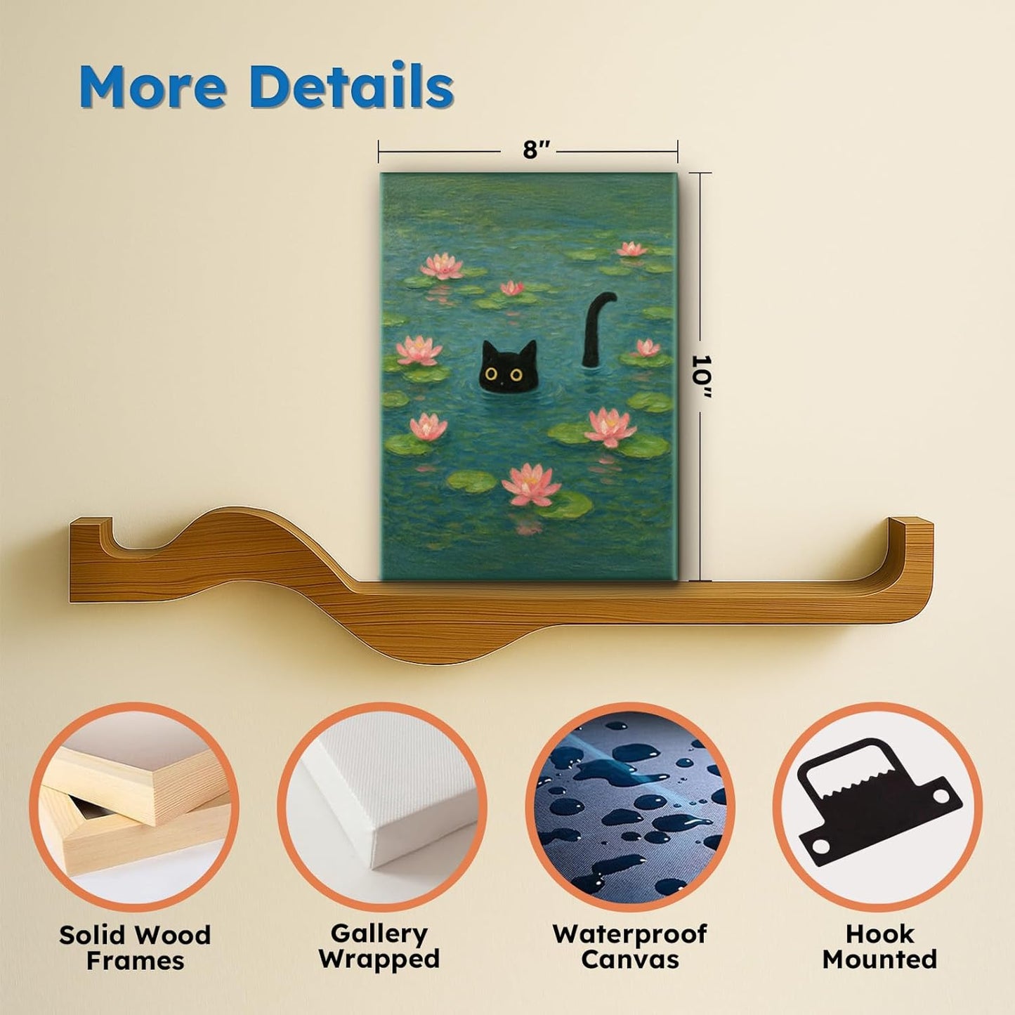 Madewell Living Monet Cat Art, Water Lilies Canvas Vintage Bathroom Decor 8x10 Inch, Cat Lover Gift, Ready-to-Hang Aesthetic Wall Art for Bedroom