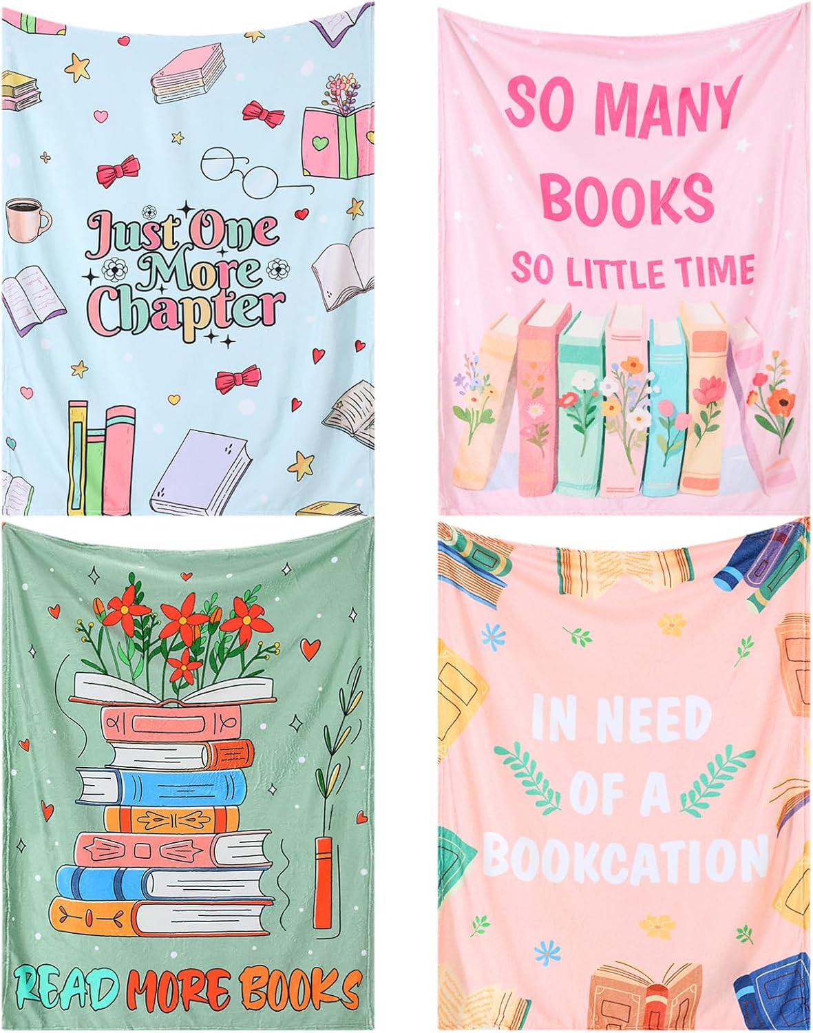 VitalCozy 4 Pack Book Throw Blankets for Teens Adult Flannel Reading Blankets Soft Fleece Blanket Birthday Gifts for Book Lovers Bookish Librarians, 40''x50''