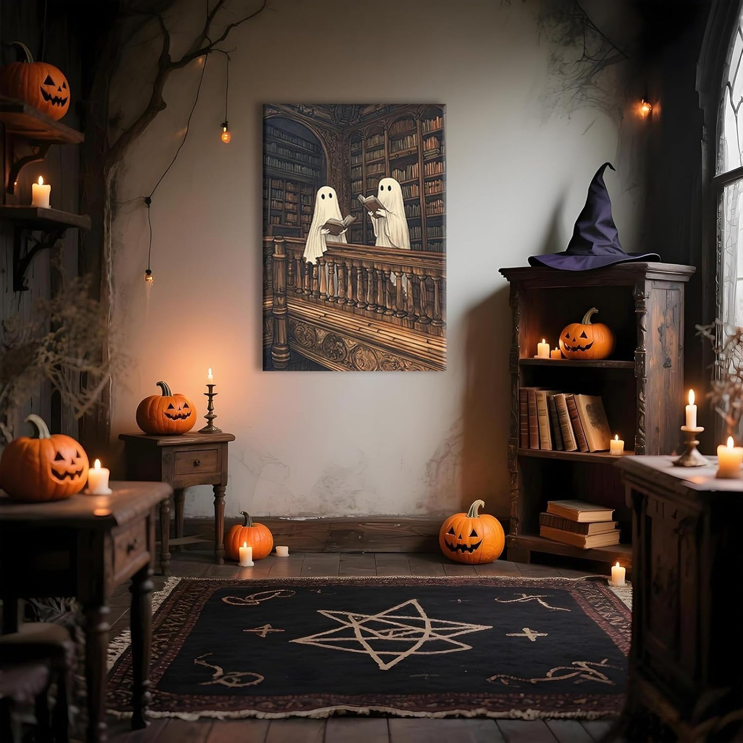 Moody Halloween Wall Art Two Cute Ghosts in A Library Poster Spooky Ghost Decor Dark Academia Canvas Print Reading Book Aesthetic for Living Room Apartment Bedroom 12x16inch Unframed