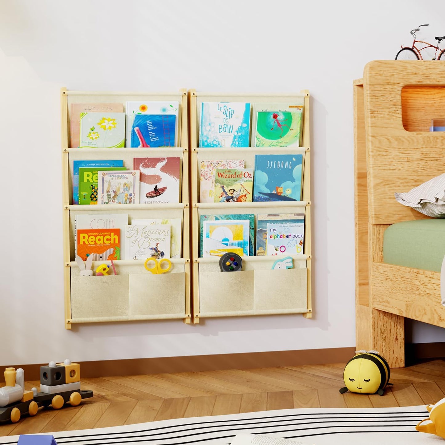 Wood 4-Tier Wall Mounted Kids Bookshelf – Floating Book Shelf For Kids Rooms,Nursery & Classroom, Hanging Bookcase Organizer For Books, Toddler Book Shelf, Montessori Bookshelf, Nursery Shelves