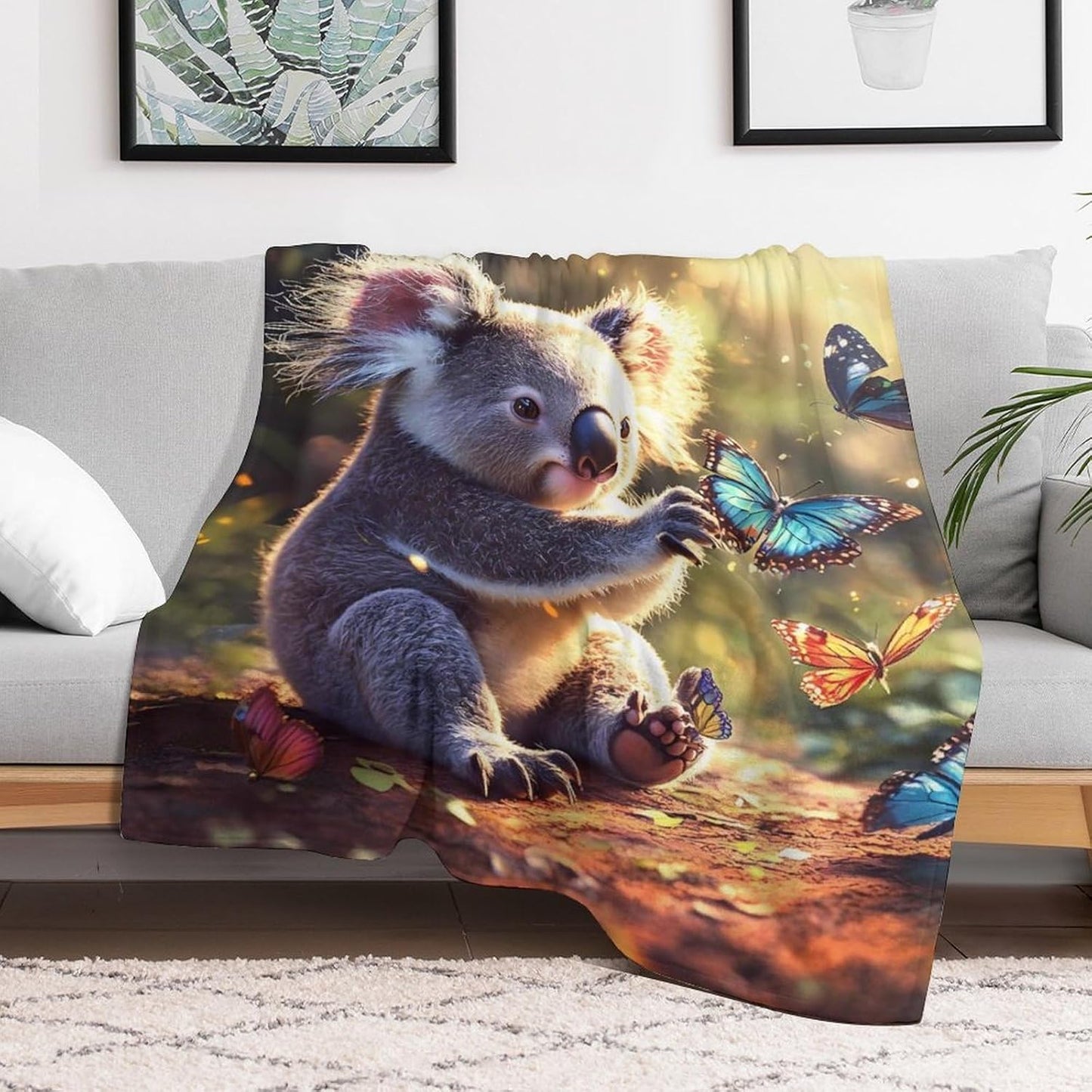 Koala Butterfly Throw Blanket for Couch Bed Plush Cozy Fuzzy Flannel Blanket for All Season 50"x70"