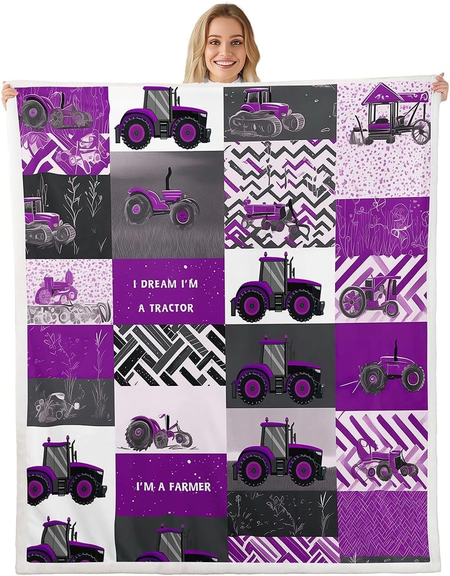 Erosebridal Purple Tractor Blanket Farmhouse Truck Car Throw Blanket Twin Cartoon Equipment Harvester Fleece Blankets Machinery Construction Vehicle Sherpa Blankets Soft Breathable Bedroom Decor