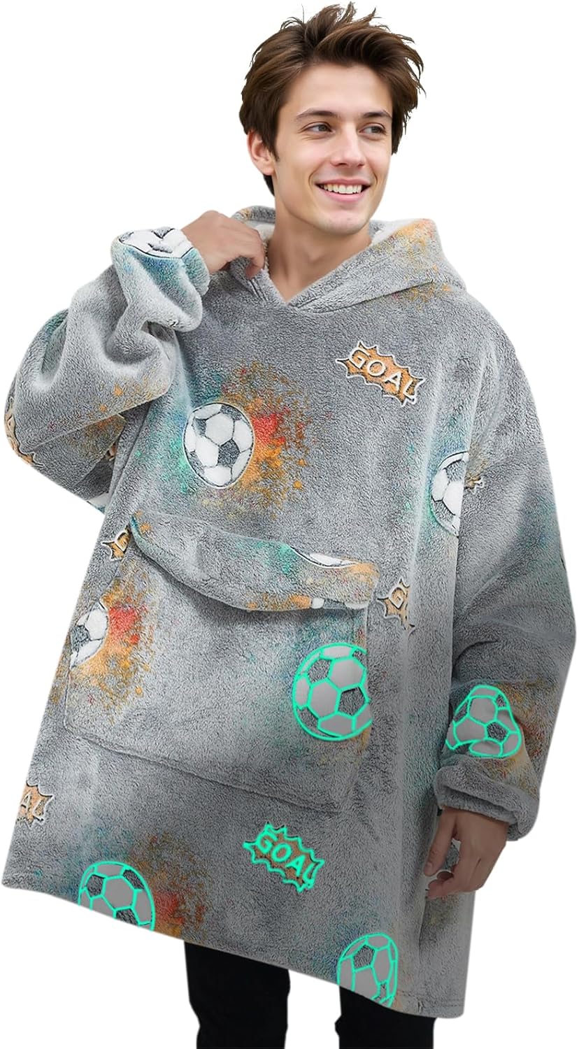 Fiosnow Glow in the Dark Football Blanket Hoodies for Women and Men Adult Oversize Wearable Blanket Hoodies for Soft and Warm
