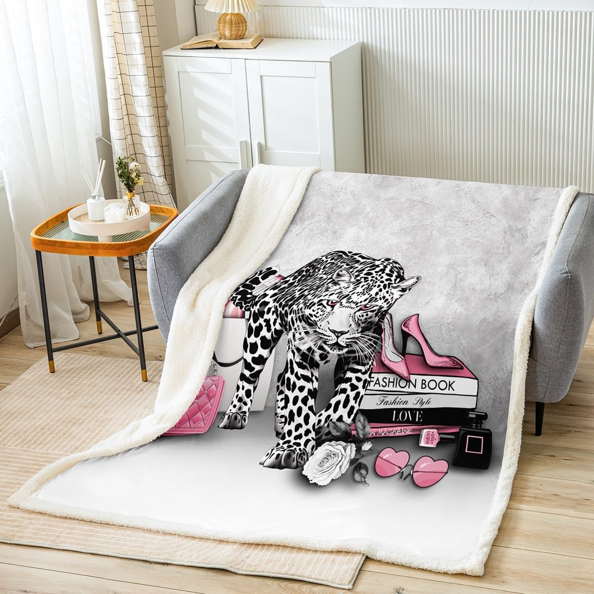 Cheetah Throw Blankets,Pink Rose High Heels Fleece Blanket,Kids Girls Boys Adult Fashion Beauty Woman Fuzzy Blankets Black White Leopard Print Sherpa Blanket Chair Sofa Bed Decor,50"×60"