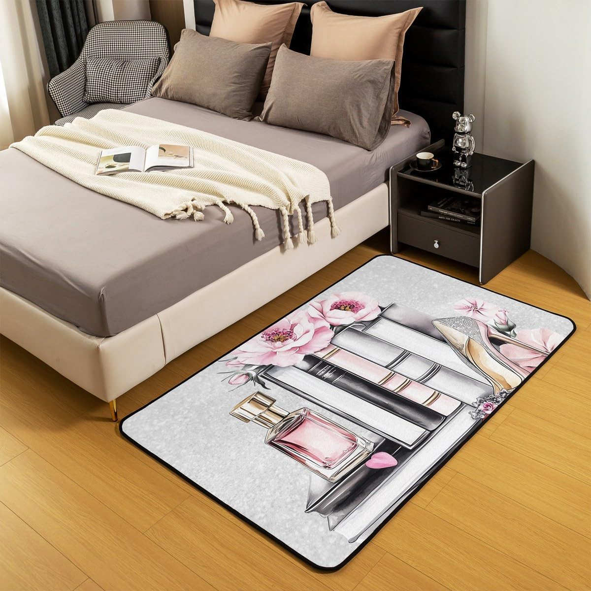 Erosebridal Pink Girly Carpet 4'11" x 3'3" Silver Fashion Decorative Washable Rug Women Girls Gray Pink Flower Perfume Area Rug High Heels Magazine Books Floral Indoor Floor Mat