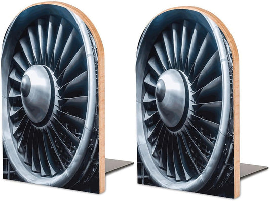 Jet Engine Bookend for Shelves Wooden Book End Large Size Sturdy Book Holders Stoppers with Metal Base for Bookshelves Slick Decorative Bookends Stands