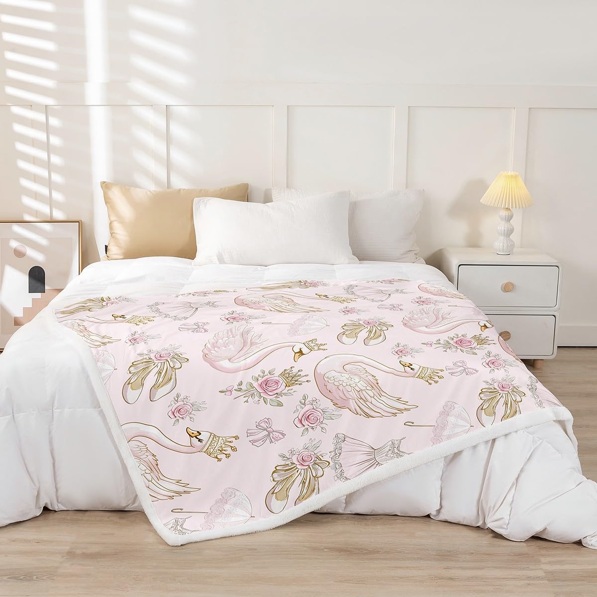 Manfei White Swan Flannel Blanket Swan Lake Ballet Dance Theme Pink Fleece Throw Blanket for Room Decor,Princess Crown Bowknot Romantic Roses Flowers Bed Blanket for Bed Sofa Couch,Baby 30"x40"