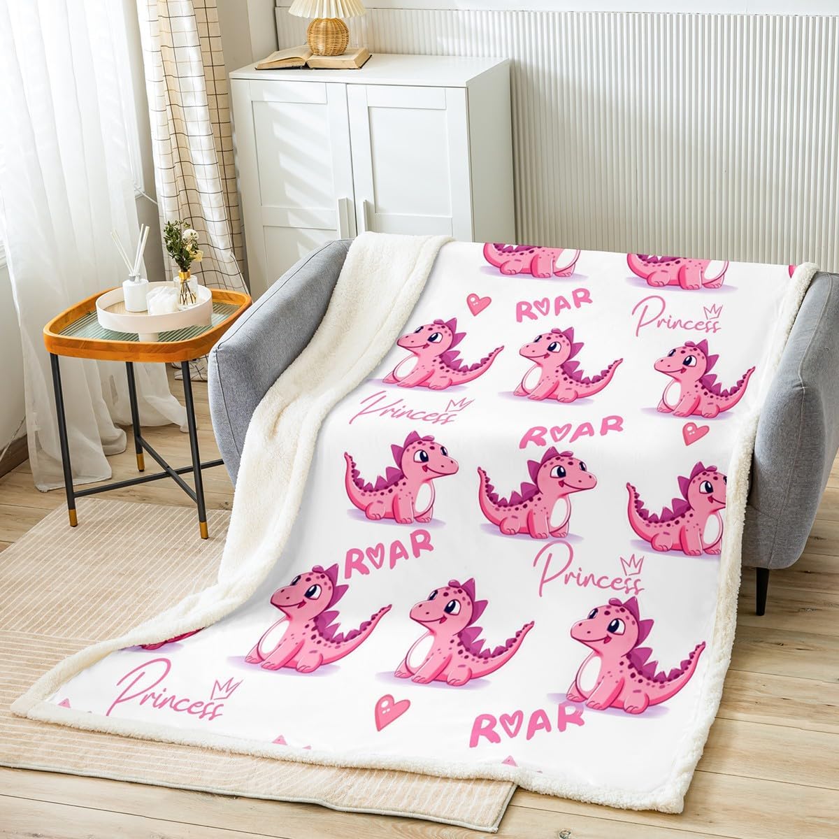 Dinosaur Girls Pink Dino Fleece Throw Blanket for Bed Sofa Couch Kids Cute Cartoon Jungle AnimalsPattern Sherpa Blanket Room Decor Baby 30"x40" Soft and Cozy Fuzzy