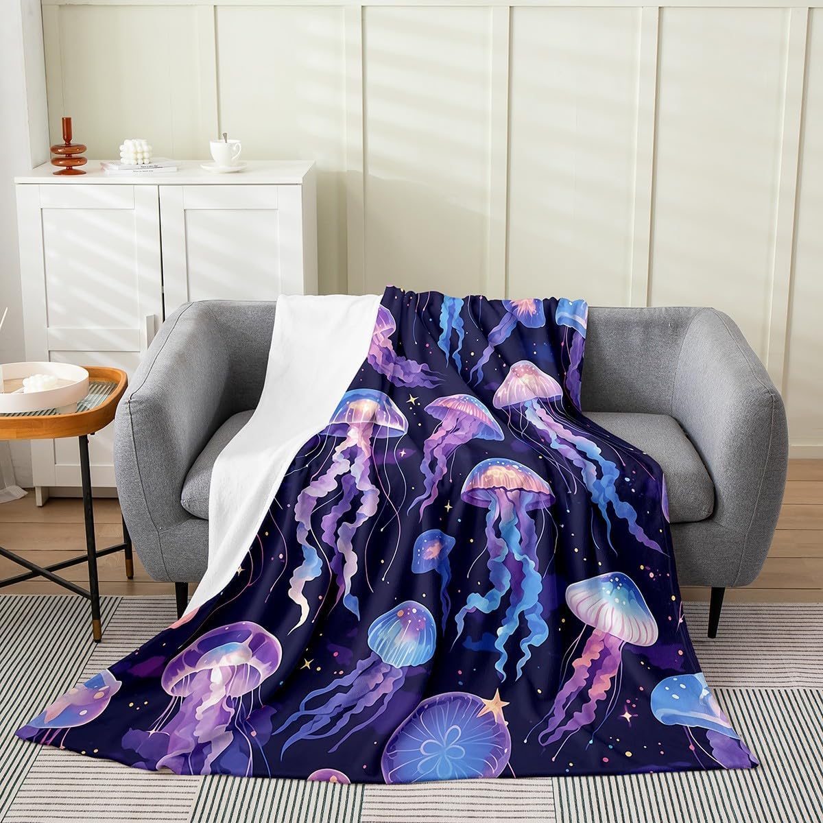 Feelyou Jellyfish Plush Throw Blanket Throw 50"x60" Bright Purple Flannel Fleece Blanket for Sofa Couch Ocean All Season Bed Blanket Sea Creature Underwater World Room Decor Aquatic Animal