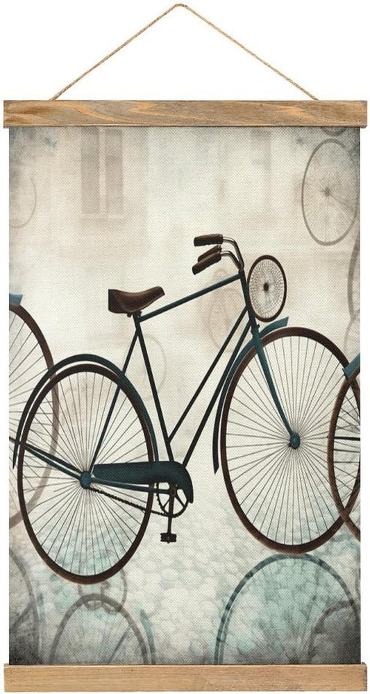 Vintage Retro Bicycle Poster with Wooden Frame Personalized Linen Hanging Scroll Painting Rustic Wall Hanging Illustrative Modern Artwork Decor for Home Living Room Bedroom Office