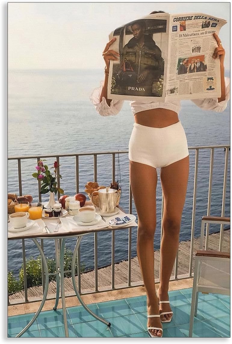 Woman Reading Newspaper Canvas Wall Art, Fashion Magazine Cover Old Money Aesthetic Poster, Summer Coastal Elegant Girly Breakfast Print for Kitchen, Feminist Photography Art 8x12in Unframed