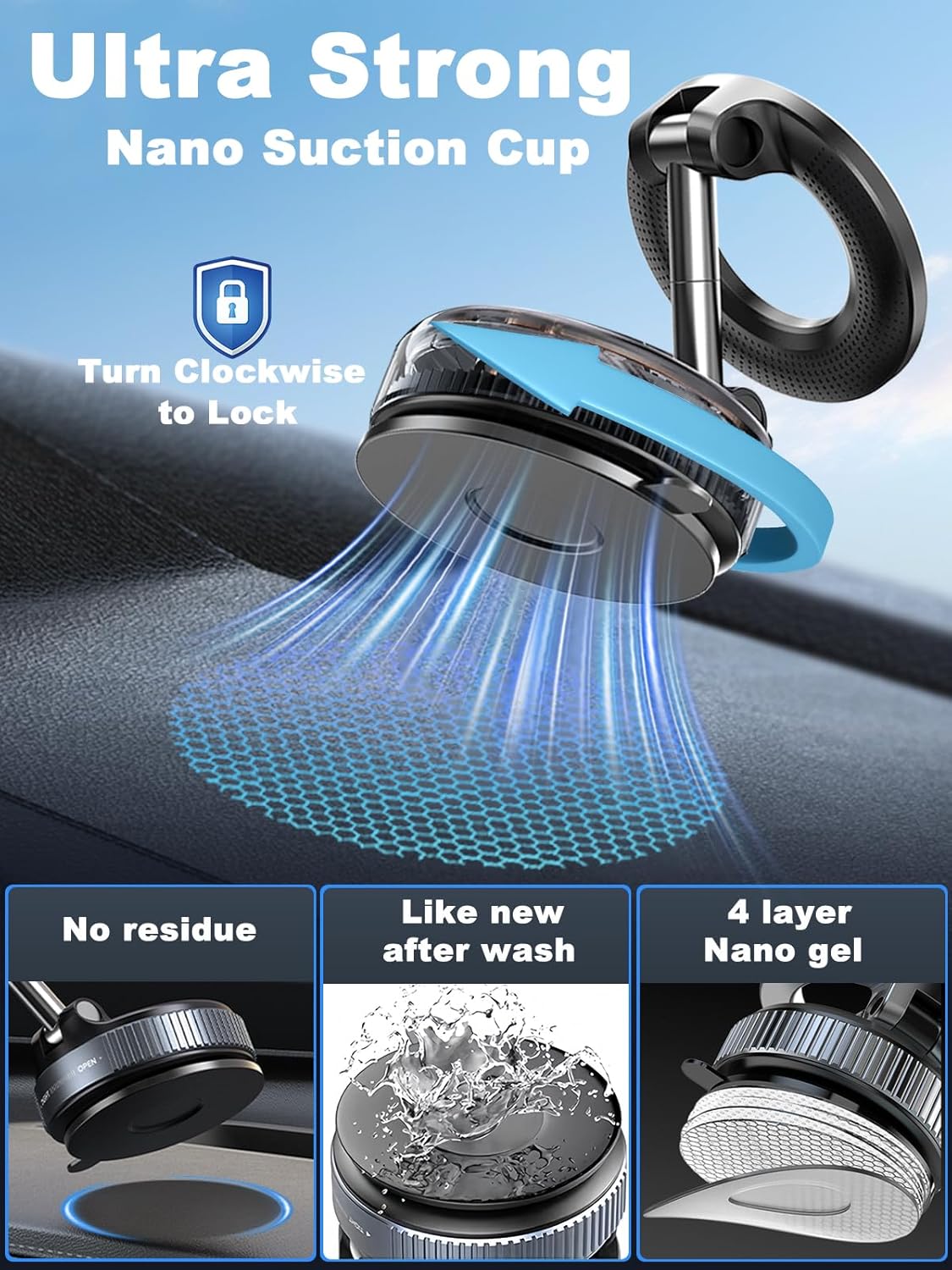 Upgraded 360° Nano Gel Vacuum Magnetic Phone Holder, 108+LBS Heavy Duty Suction Cup Phone Mount for Car Dashboard & Windshield, 3000gf MagSafe Compatible with iPhone 17/16 Pro Max
