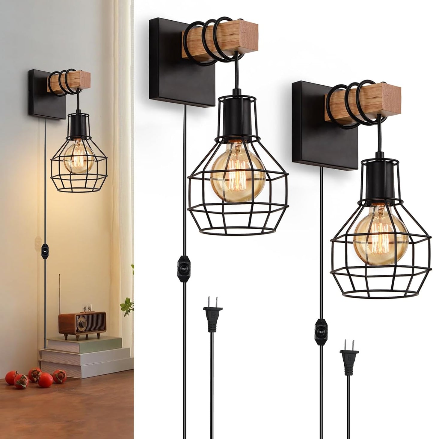 Lightess Plug in Wall Sconces Set of 2, Industrial Wall Mount Light Fixture with ON/Off Dimmable Switch Cord, Black Rustic Wall Lighting for Bedroom Living Room, Bulb Not Included