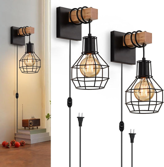 Lightess Plug in Wall Sconces Set of 2, Industrial Wall Mount Light Fixture with ON/Off Dimmable Switch Cord, Black Rustic Wall Lighting for Bedroom Living Room, Bulb Not Included