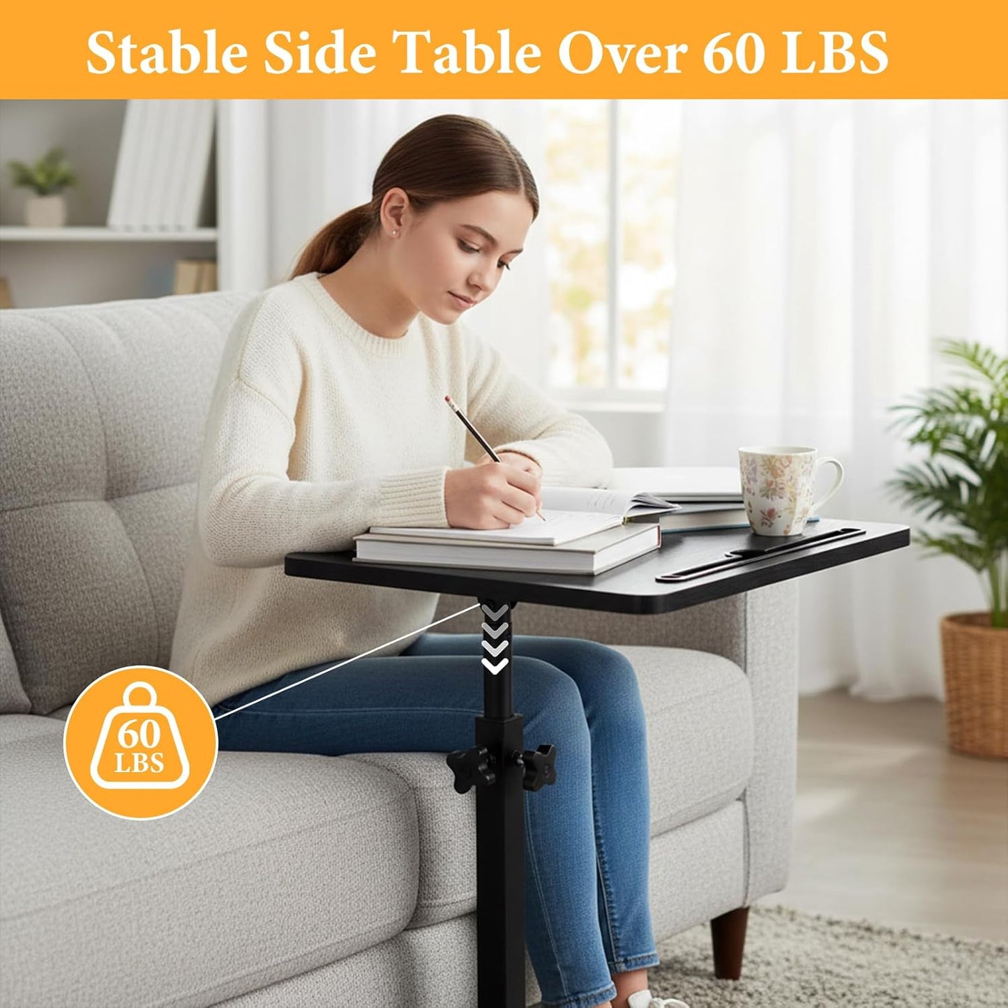 jessie Tv Tray C Table, Adjustable End Table for Couch 360° Swivel C Shaped End Table with Phone Tablet Slot for Living Room, Sofa, Bedside, Bathroom (Black)