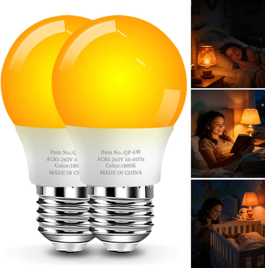 1800K Amber Sleep Light Bulbs, 99.96% Blue Light Blocking, A15 6W(40 Watt Equivalent) Soft Warm Light Bulbs, Eye-Caring Amber Soft Yellow Night Light E26 for Bedroom, Reading, Baby Nursery, 2 Packs