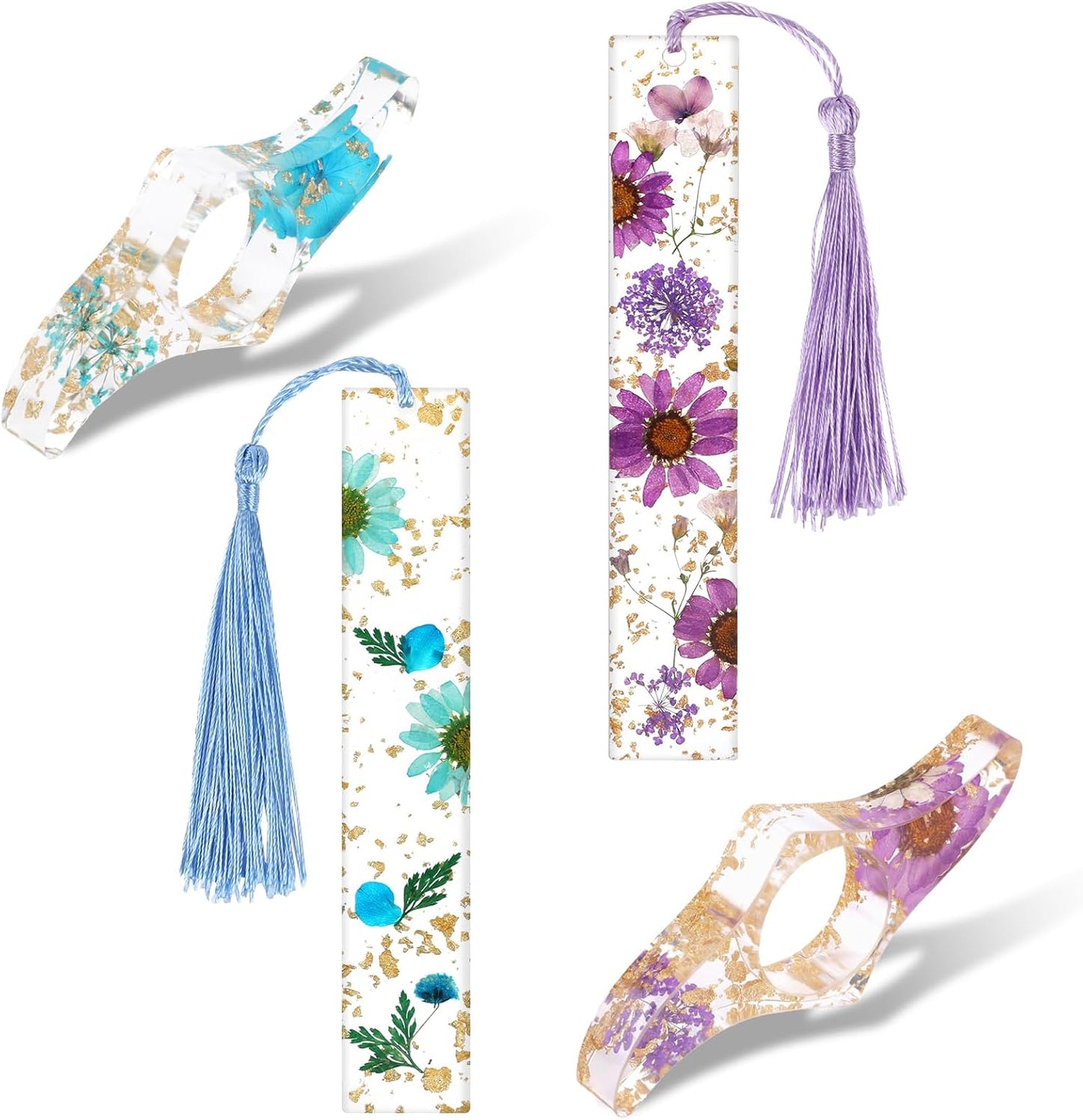 Handmade Bookmark for Women, 4 Pieces Dried Flower Resin Bookmarks with Tassel and Transparent Floral Book Page Holder Set Cute Book Accessories Gift for Reading Lover Students Teachers