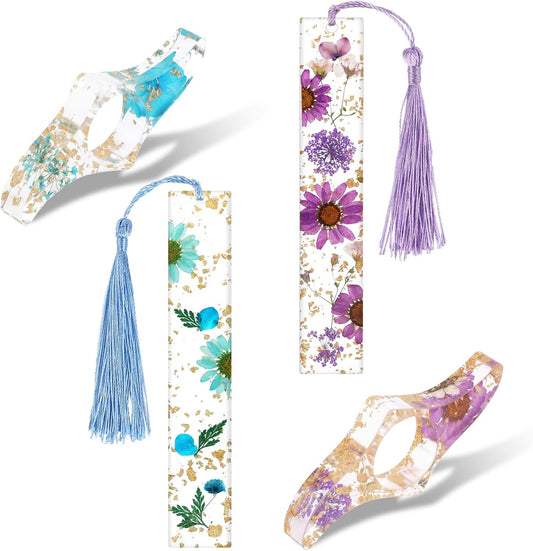 Handmade Bookmark for Women, 4 Pieces Dried Flower Resin Bookmarks with Tassel and Transparent Floral Book Page Holder Set Cute Book Accessories Gift for Reading Lover Students Teachers