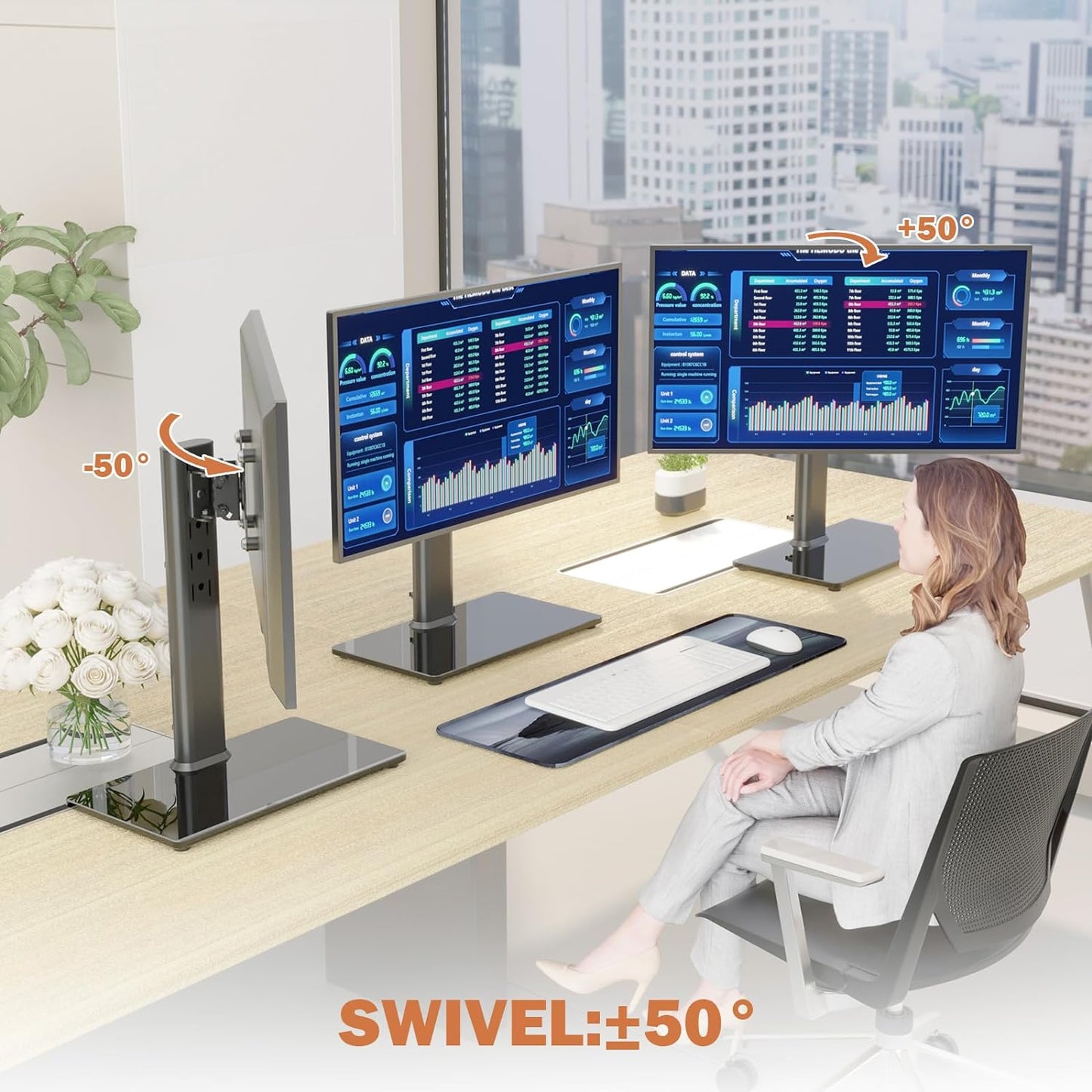 Single LCD Computer Monitor Free-Standing Desk Stand Mount Riser for 13 inch to 32 inch screen with Swivel, Height Adjustable, Rotation, Vesa Base Stand Holds One (1) Screen up to 77Lbs(HT05B-001))