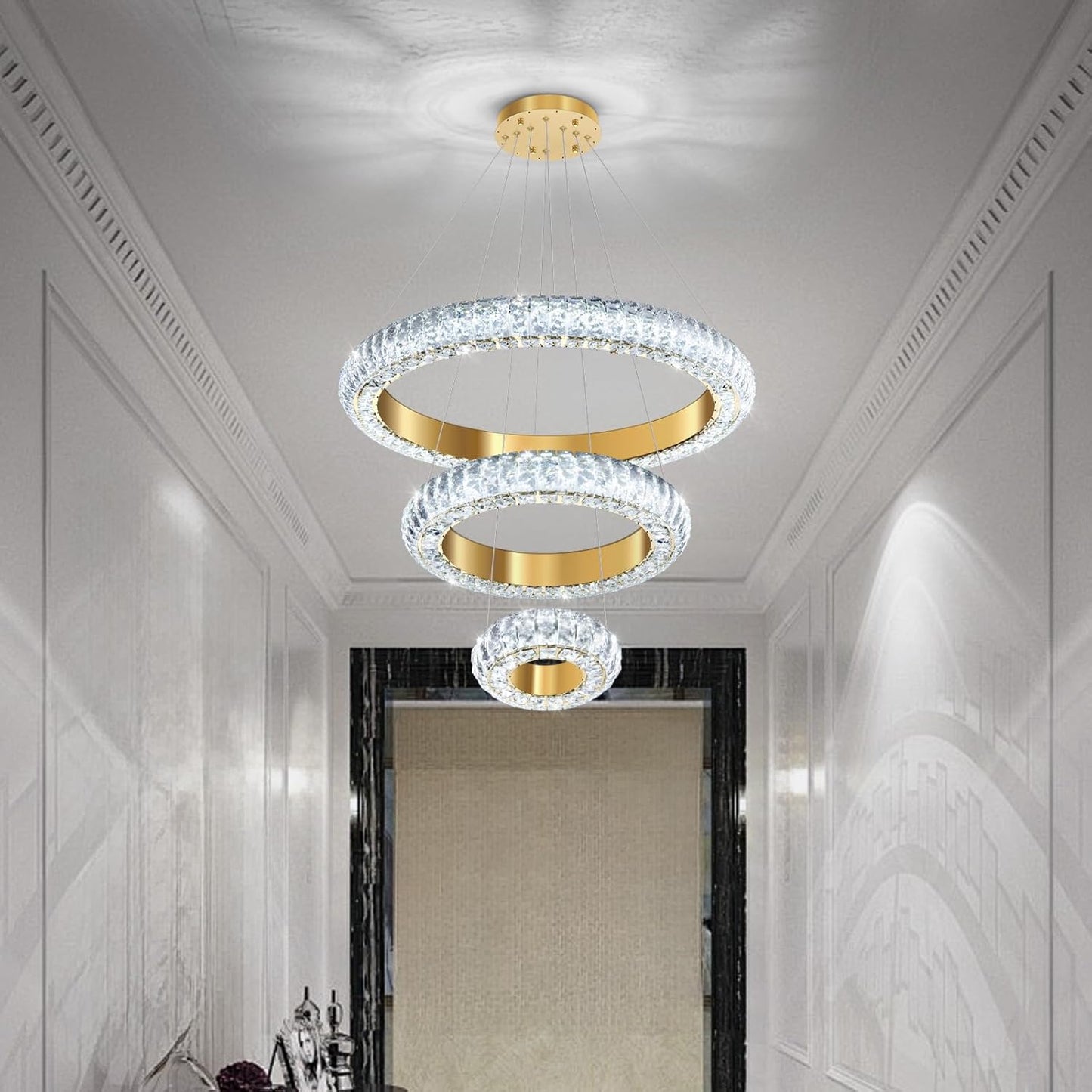 23.6" 3 Ring Crystal Chandelier Modern LED Dimmable Ring Pendant Light Round Chandelier for Dining Room Living Room Gold