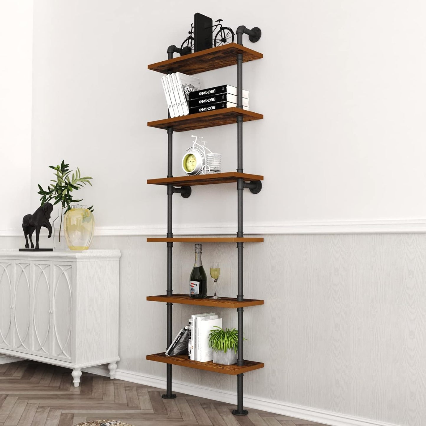 HOMEKAYT Industrial Pipe Shelf Rustic Wood Wall Shelf Ladder Bookshelf Wall Mounted Storage Decor Shelf for Home, Office, Living Room(6-Tier)-Black