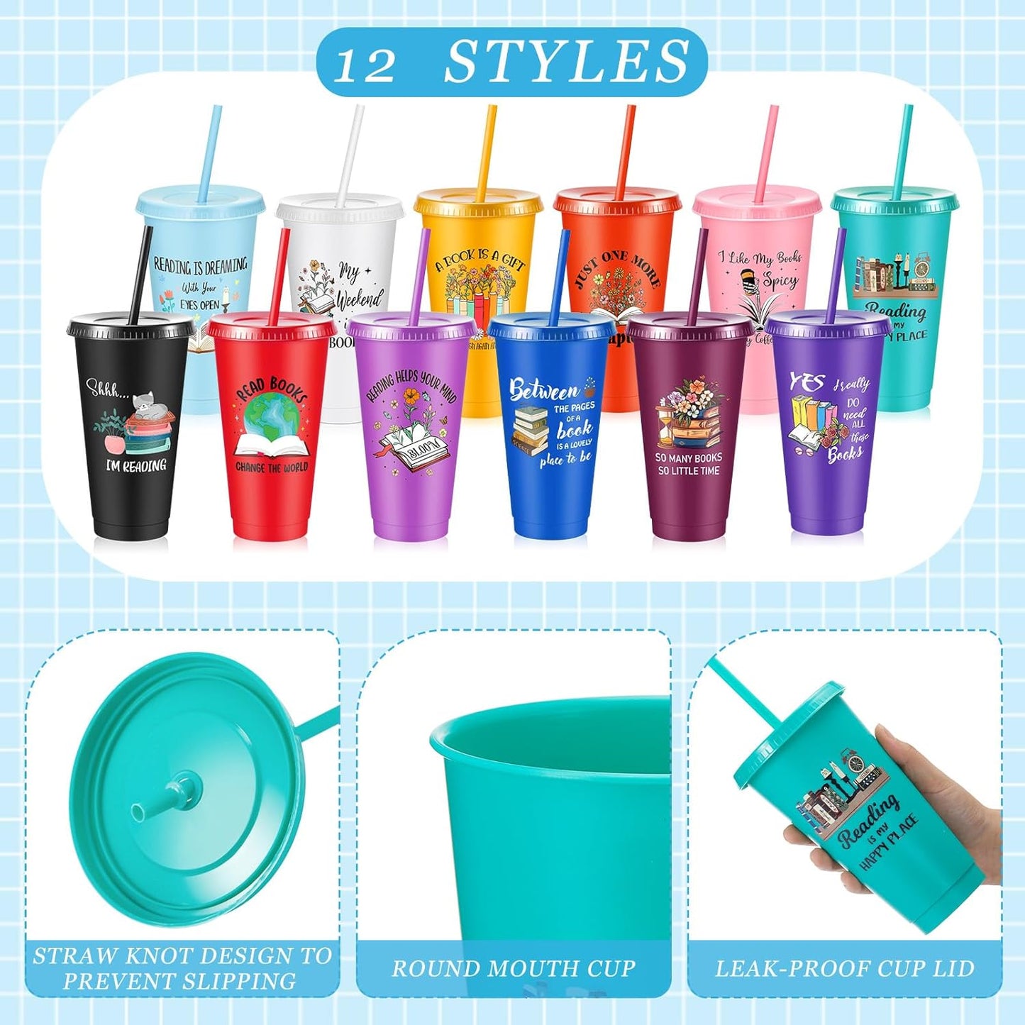 Chuangdi 12 Pcs Book Lovers Gifts 24 oz Reusable Plastic Tumbler with Lids and Straw Book Club Bookworms Gifts for Reader Librarian Office Coworkers (Multicolor)