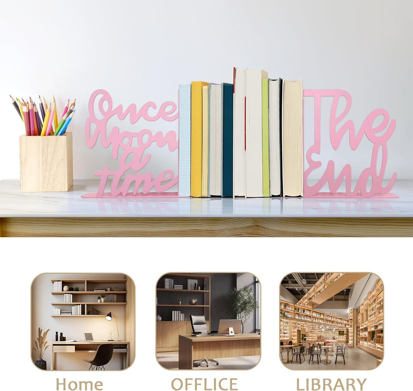 Once Upon A Time Bookends,Metal Decorative Bookends,Once Upon A Time Sign for Bookshelf, Reading Nook, Daycare, Classroom Bedroom Home Office Nursery Decor,Birthday Gift for Boys and Girls (Pink)